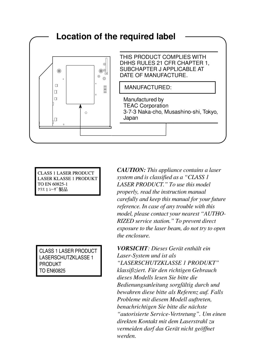 Toshiba TE2000 manual Location of the required label 