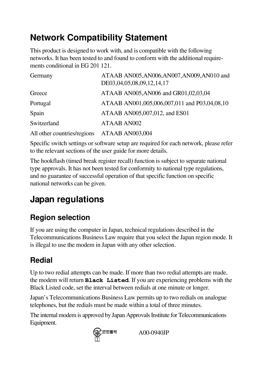 Toshiba TE2000 manual Network Compatibility Statement, Japan regulations, Region selection, Redial 