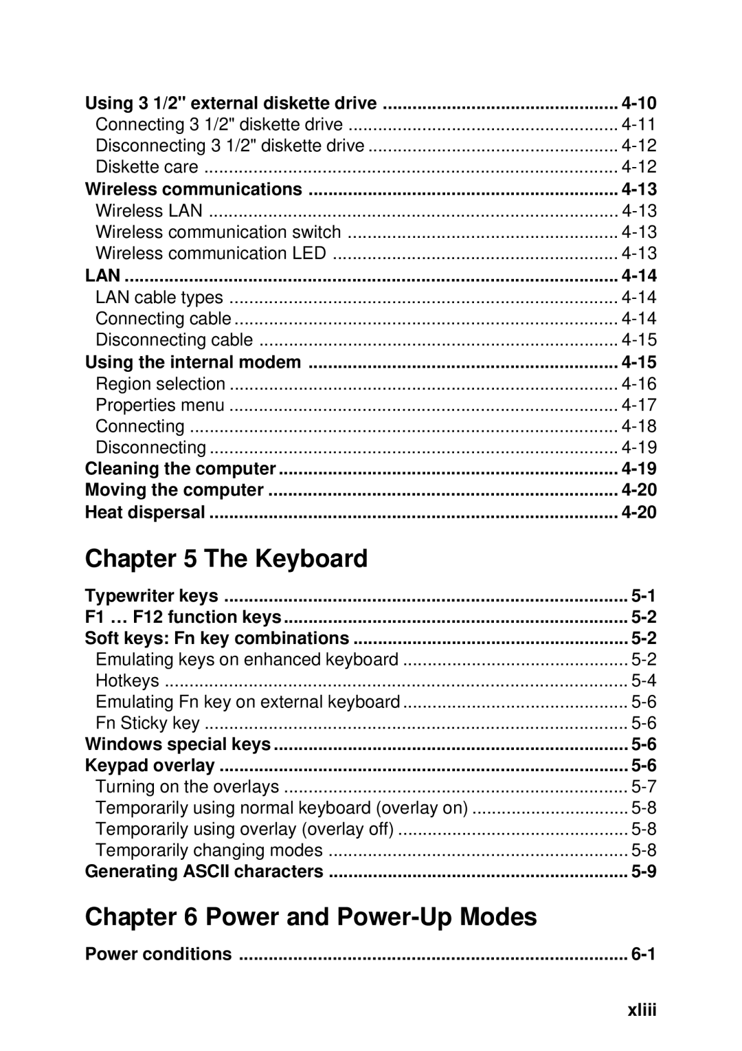 Toshiba TE2000 manual Keyboard, Power and Power-Up Modes, Power conditions Xliii 