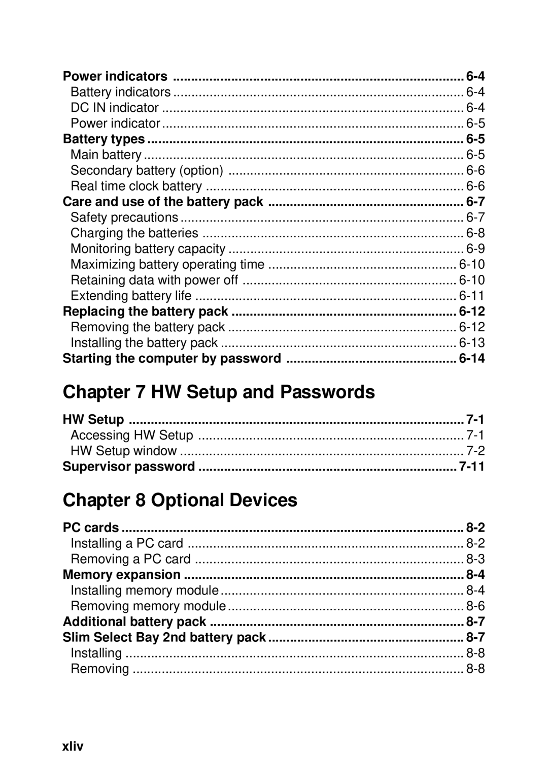 Toshiba TE2000 manual HW Setup and Passwords, Optional Devices, Xliv 