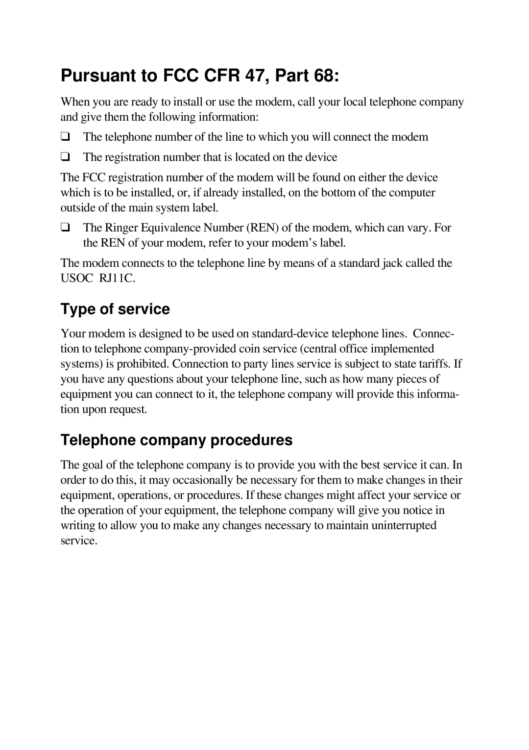 Toshiba TE2000 manual Pursuant to FCC CFR 47, Part, Type of service, Telephone company procedures 