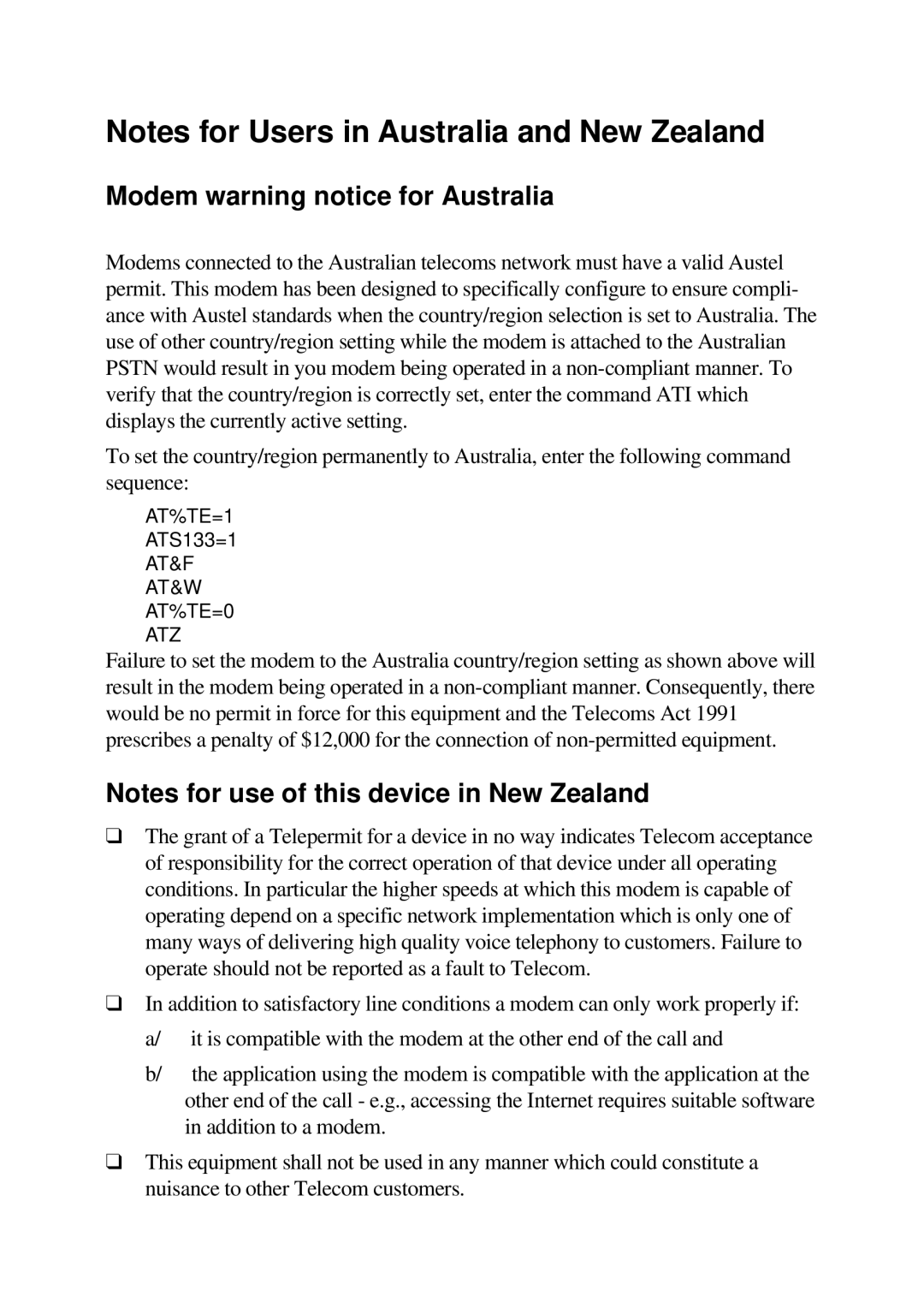 Toshiba TE2000 manual Modem warning notice for Australia, AT&F AT&W AT%TE=0 ATZ 