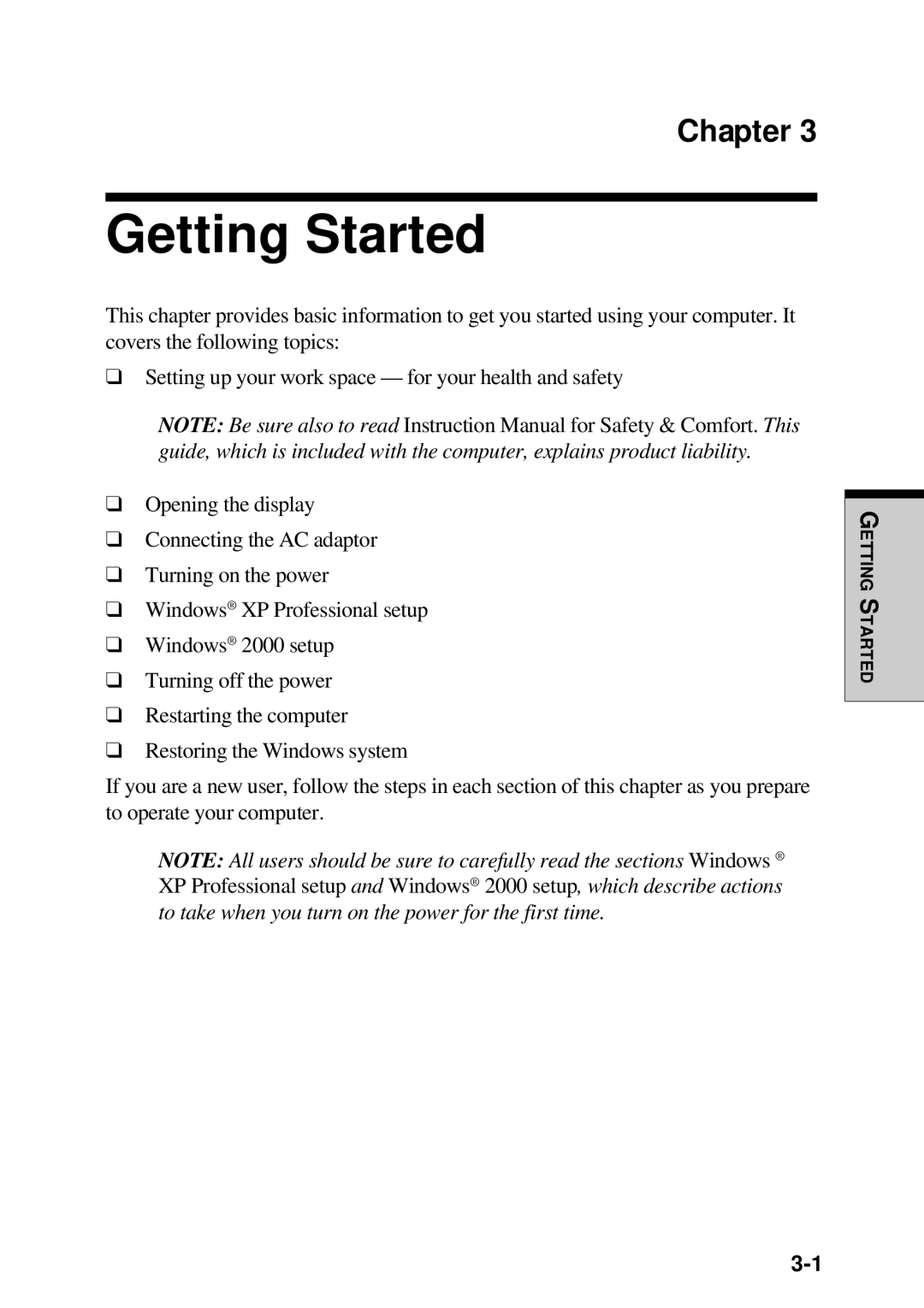 Toshiba TE2000 manual Getting Started, Chapter 