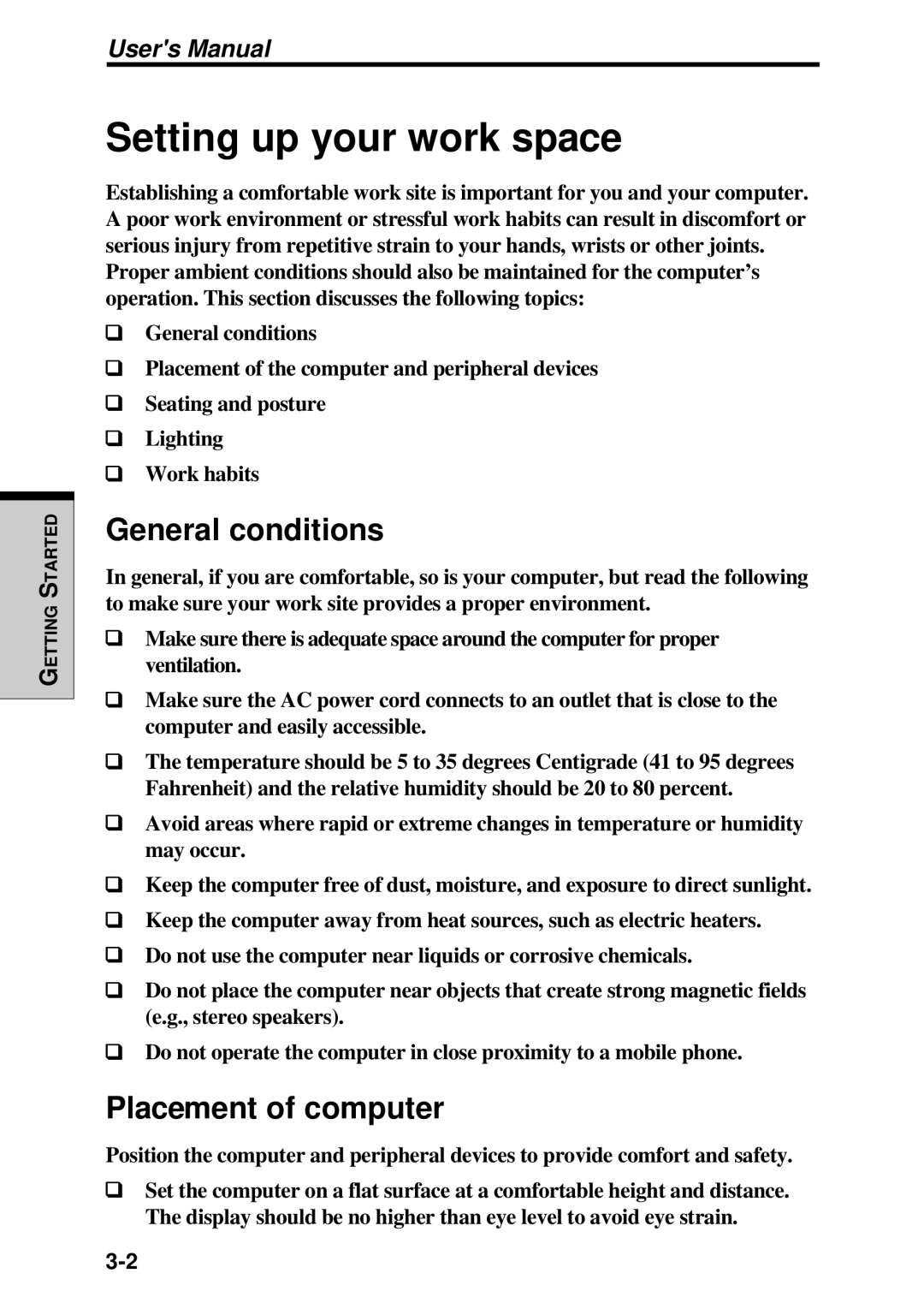 Toshiba TE2000 manual Setting up your work space, General conditions, Placement of computer 