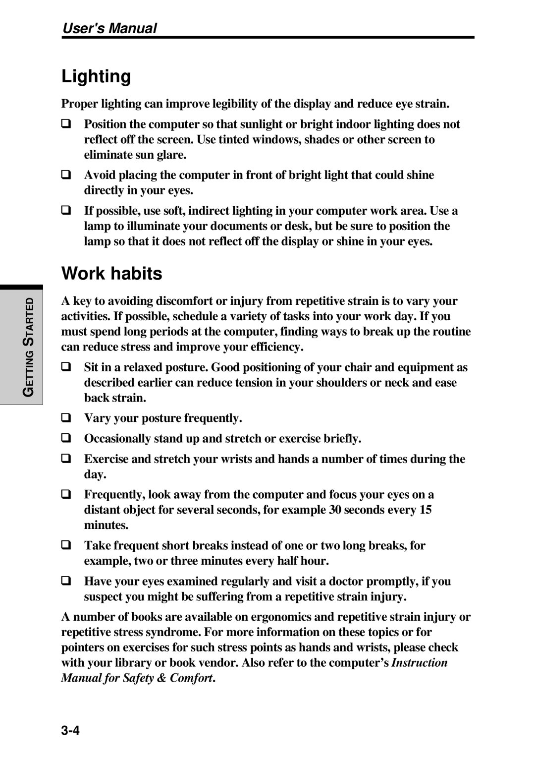 Toshiba TE2000 manual Lighting, Work habits 