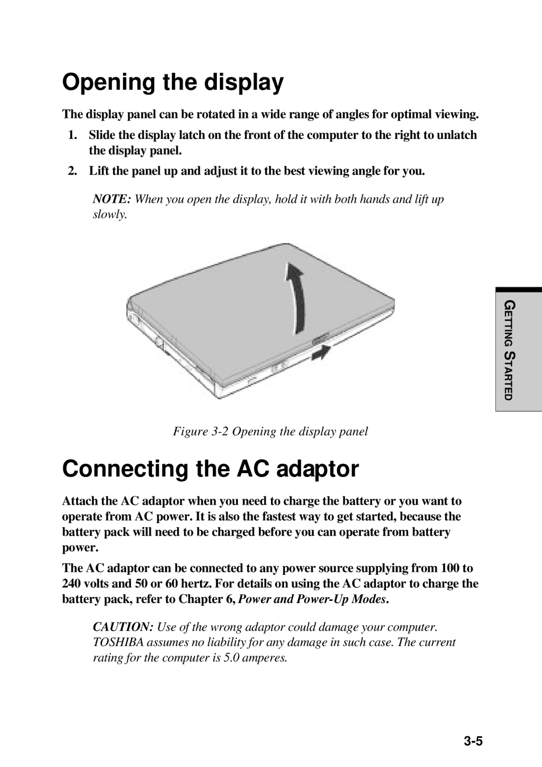 Toshiba TE2000 manual Opening the display, Connecting the AC adaptor 