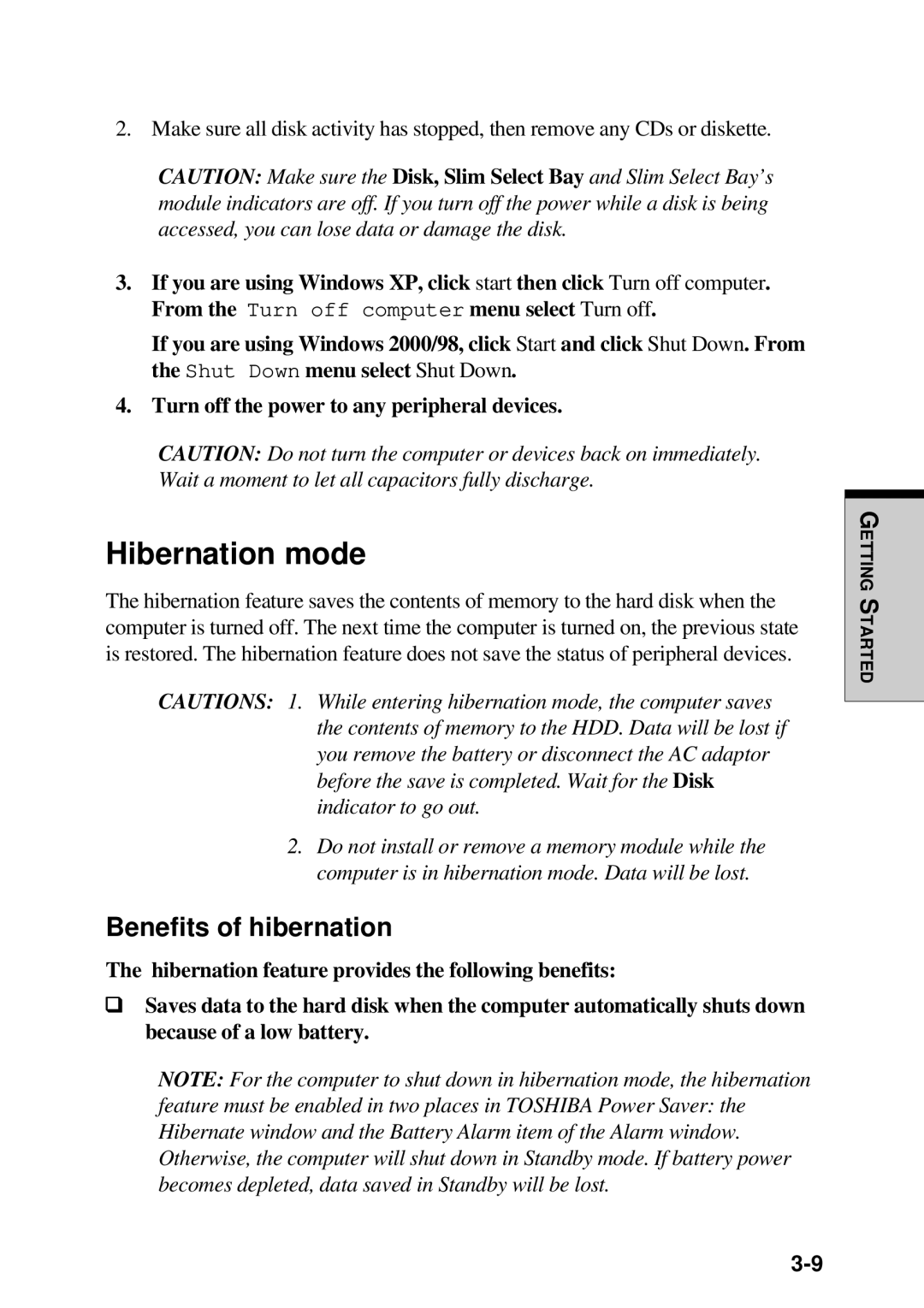 Toshiba TE2000 manual Hibernation mode, Benefits of hibernation 