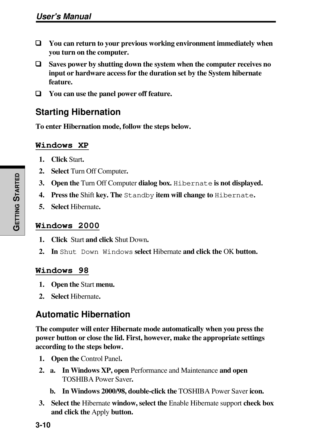 Toshiba TE2000 manual Starting Hibernation, Automatic Hibernation 