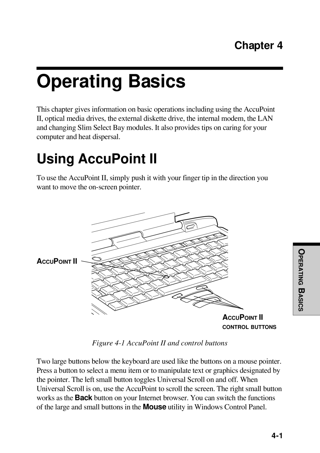 Toshiba TE2000 manual Operating Basics, Using AccuPoint 