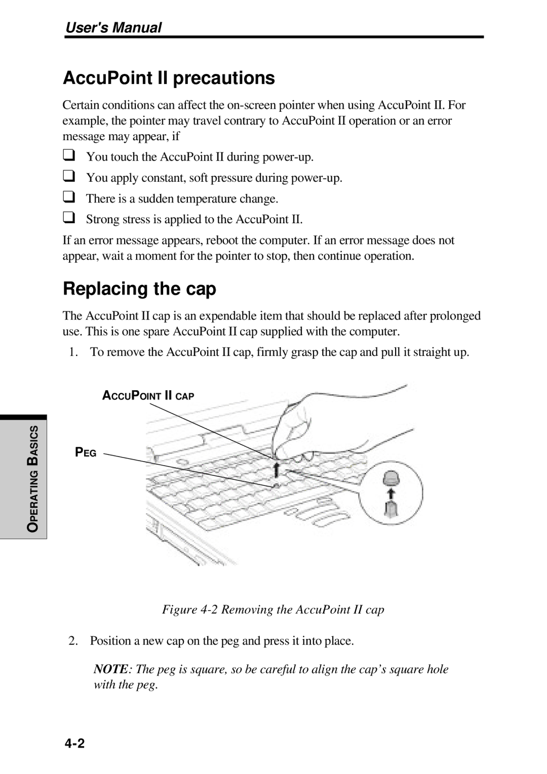 Toshiba TE2000 manual AccuPoint II precautions, Replacing the cap 