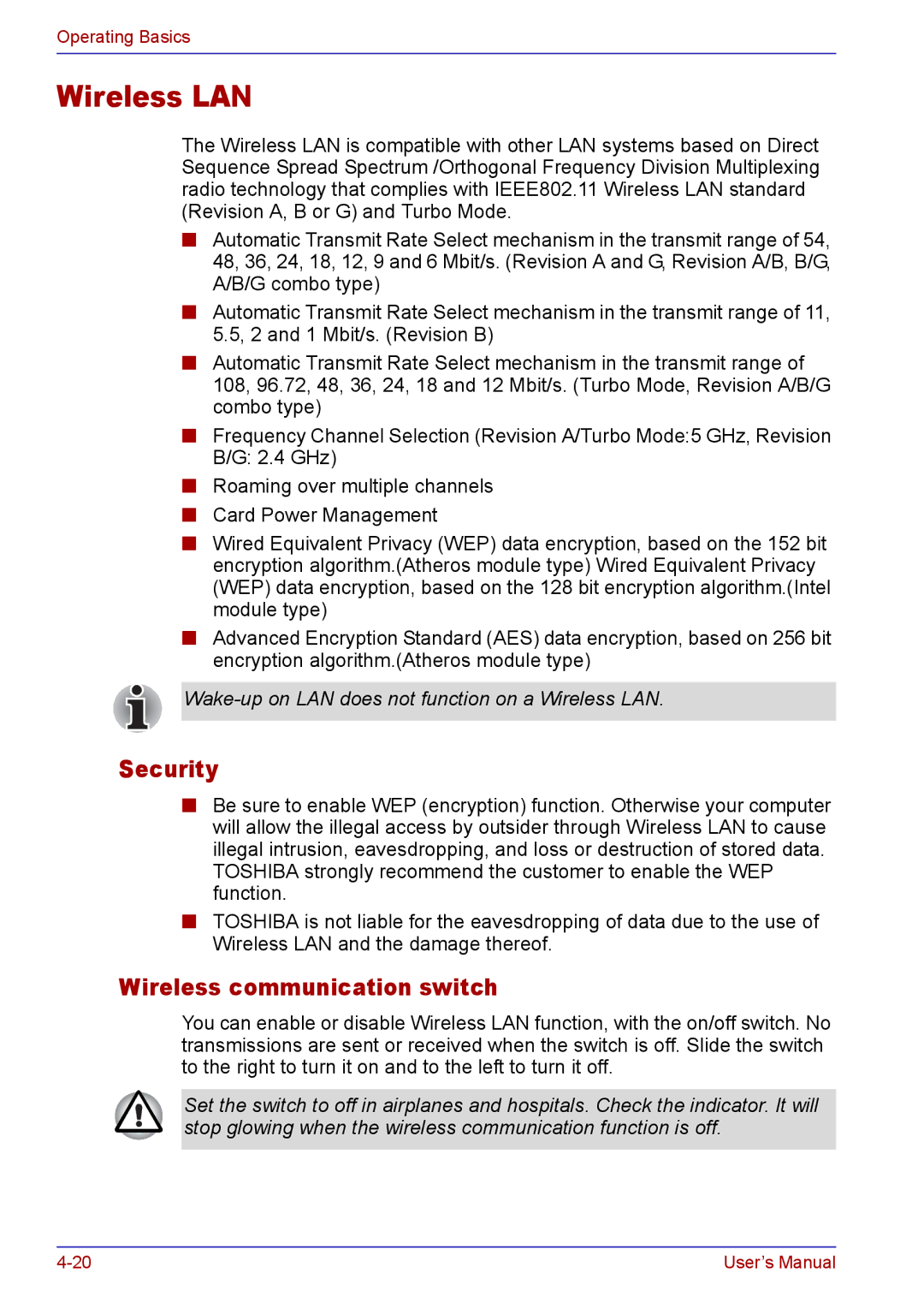 Toshiba TECRA A2 manual Wireless LAN, Security, Wireless communication switch 