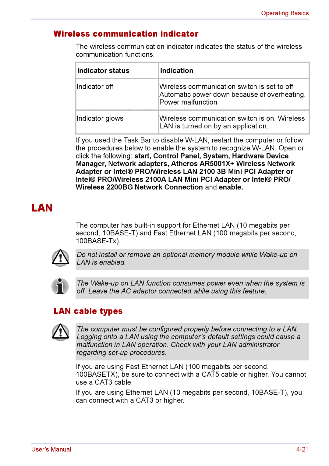 Toshiba TECRA A2 manual Wireless communication indicator, LAN cable types, Indicator status Indication 