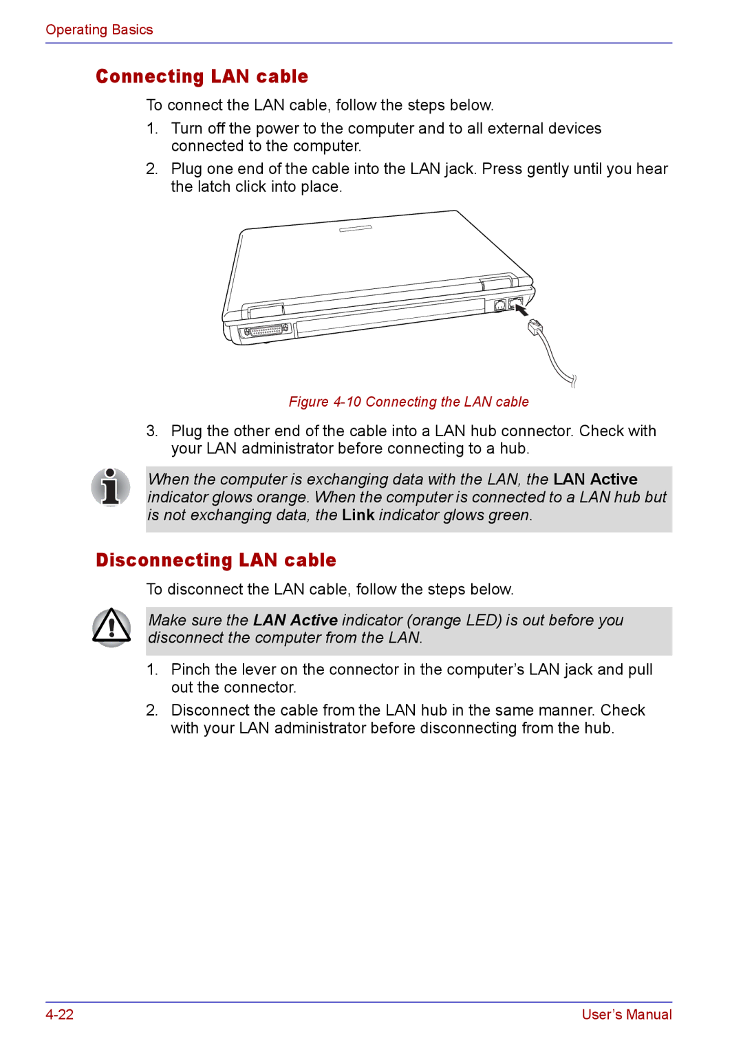 Toshiba TECRA A2 manual Connecting LAN cable, Disconnecting LAN cable 