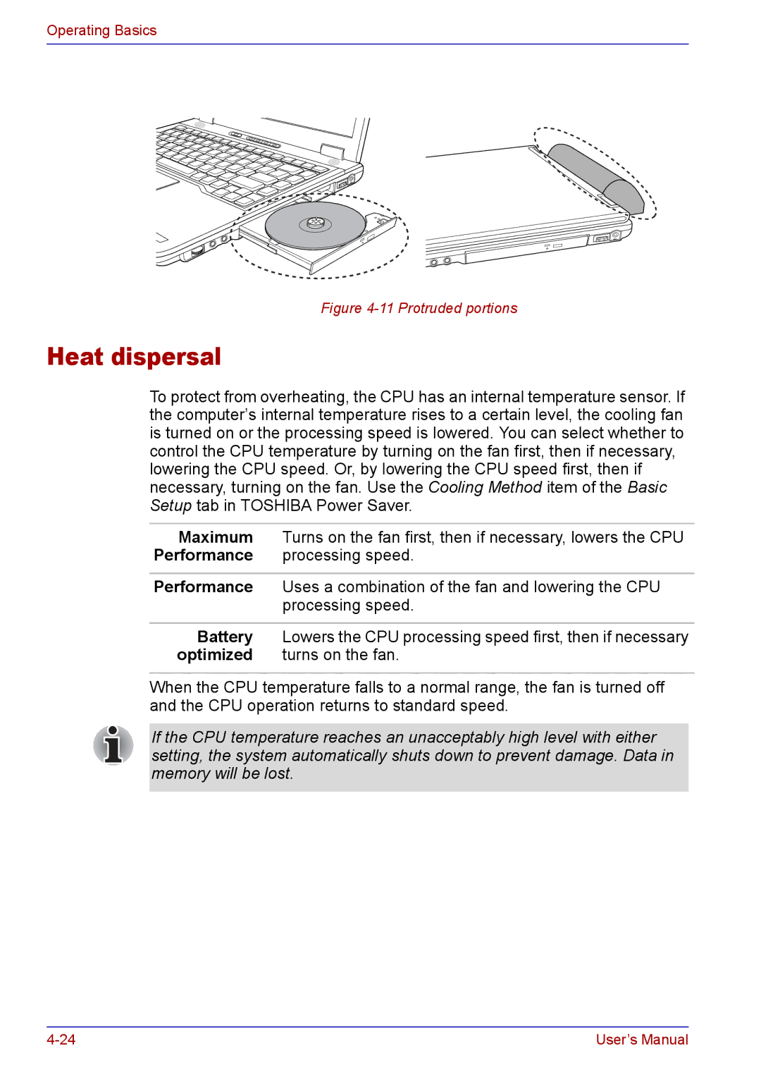 Toshiba TECRA A2 manual Heat dispersal, Protruded portions 