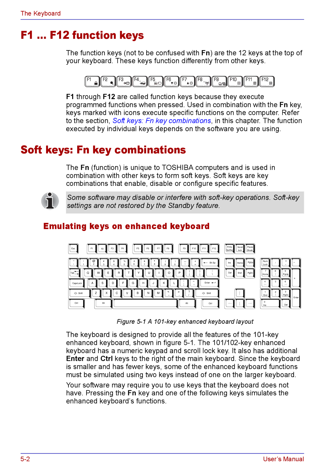 Toshiba TECRA A2 manual F1 … F12 function keys, Soft keys Fn key combinations, Emulating keys on enhanced keyboard 