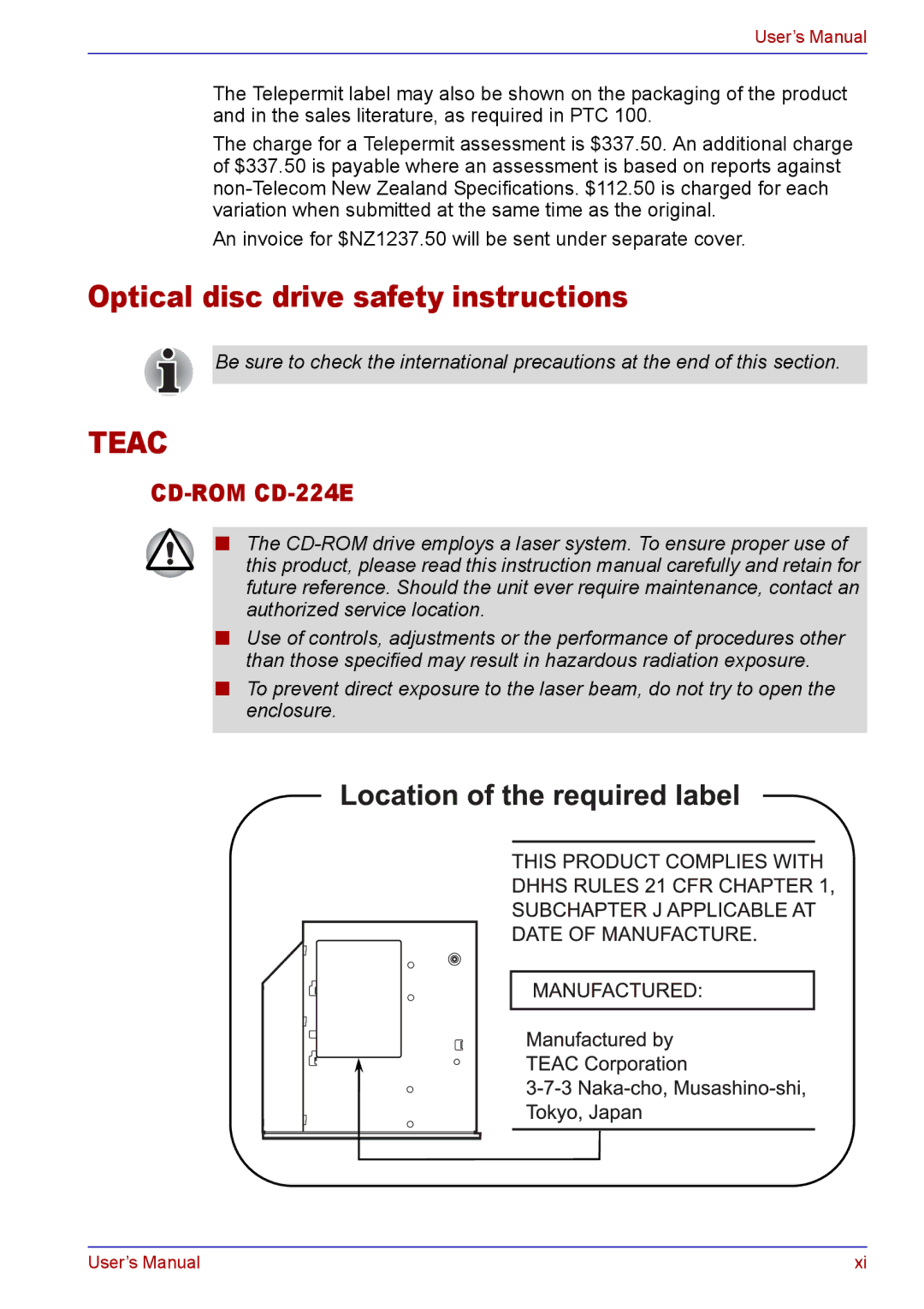 Toshiba TECRA A2 manual Optical disc drive safety instructions, Teac 