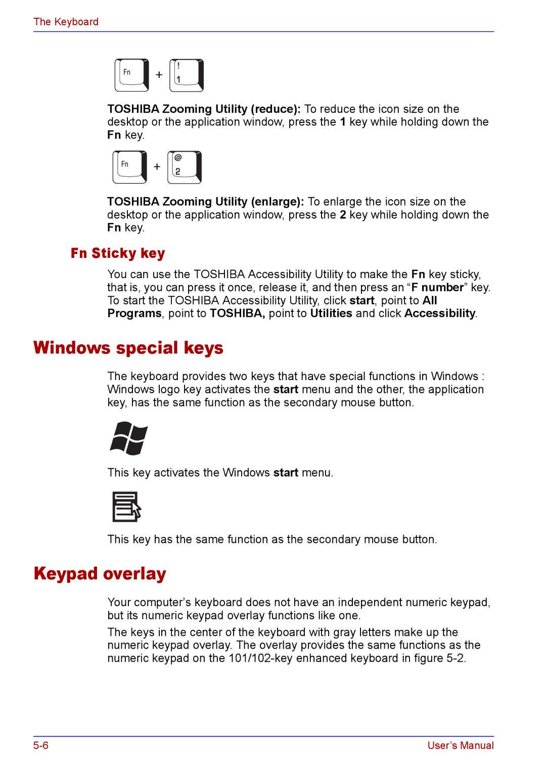 Toshiba TECRA A2 manual Windows special keys, Keypad overlay, Fn Sticky key 