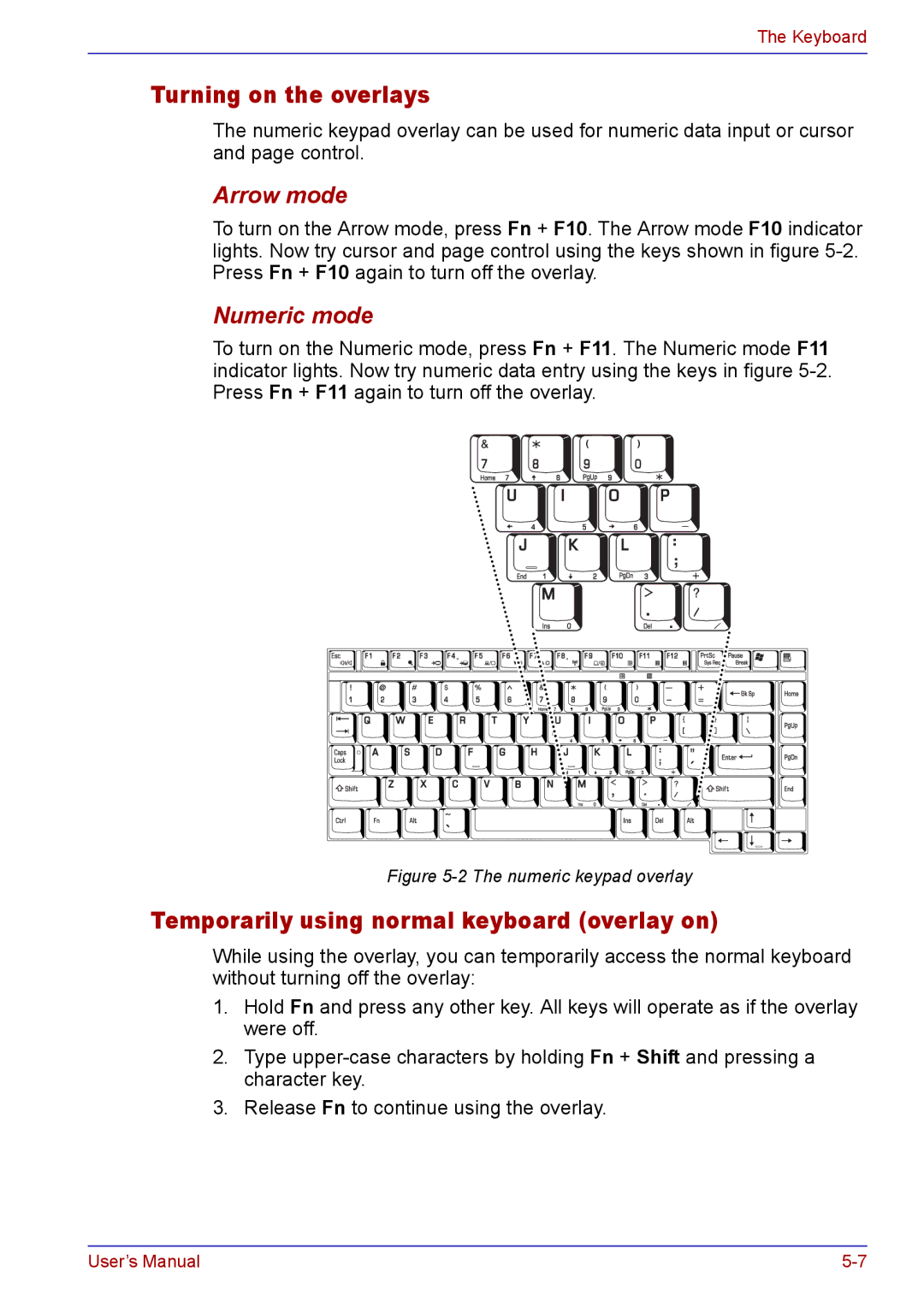 Toshiba TECRA A2 manual Turning on the overlays, Temporarily using normal keyboard overlay on, Arrow mode, Numeric mode 