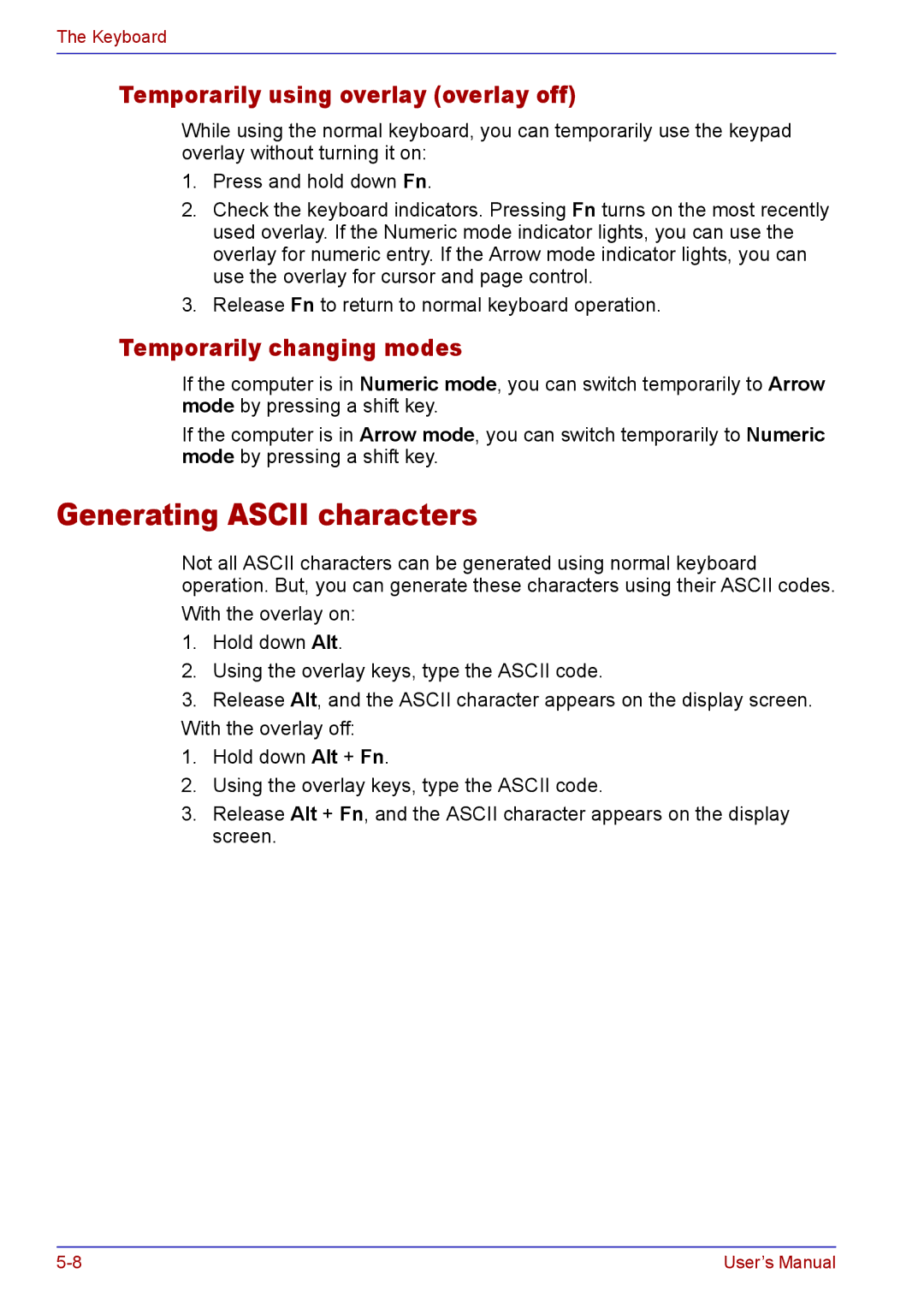 Toshiba TECRA A2 manual Generating Ascii characters, Temporarily using overlay overlay off, Temporarily changing modes 