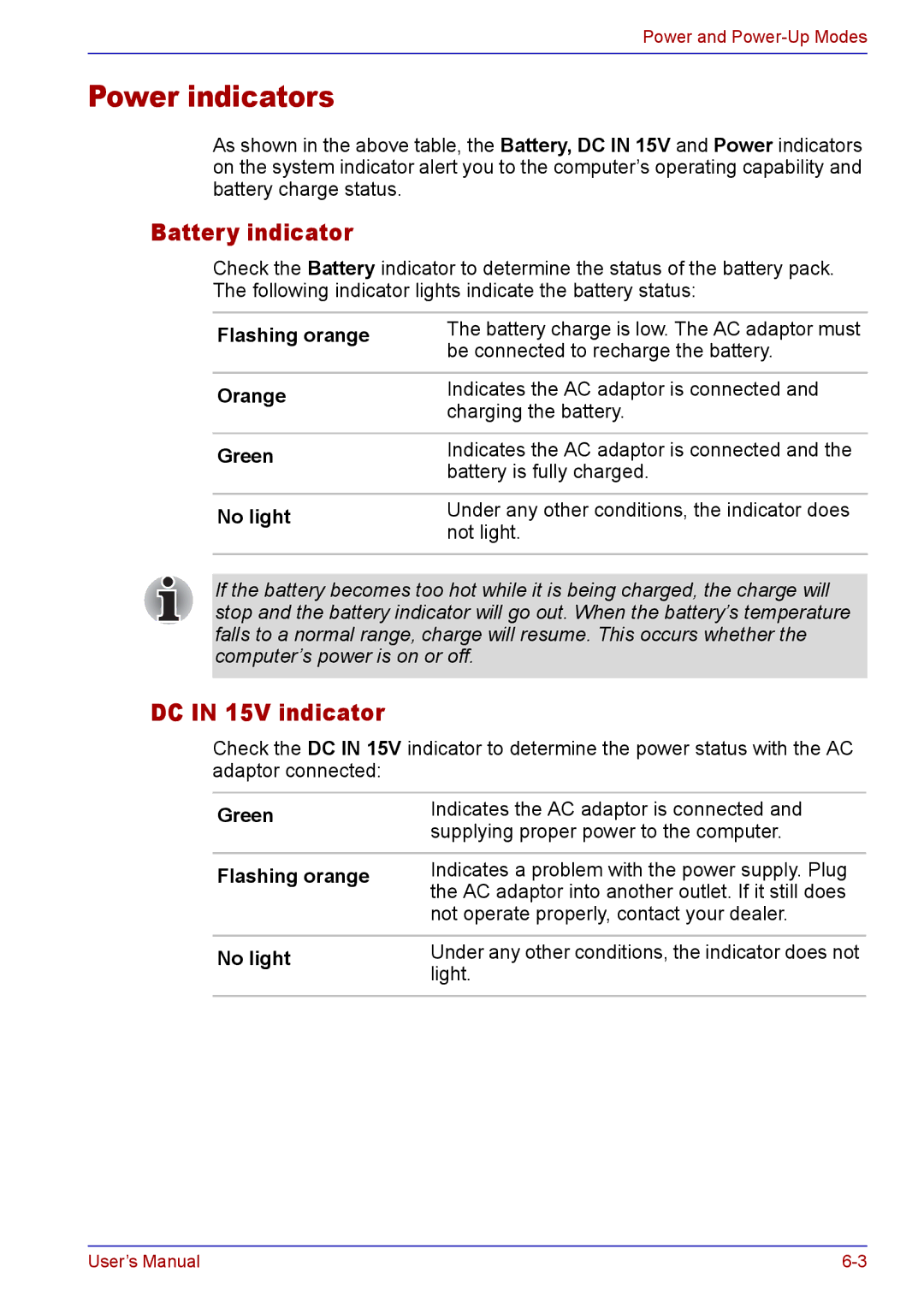 Toshiba TECRA A2 manual Power indicators, Battery indicator, DC in 15V indicator 