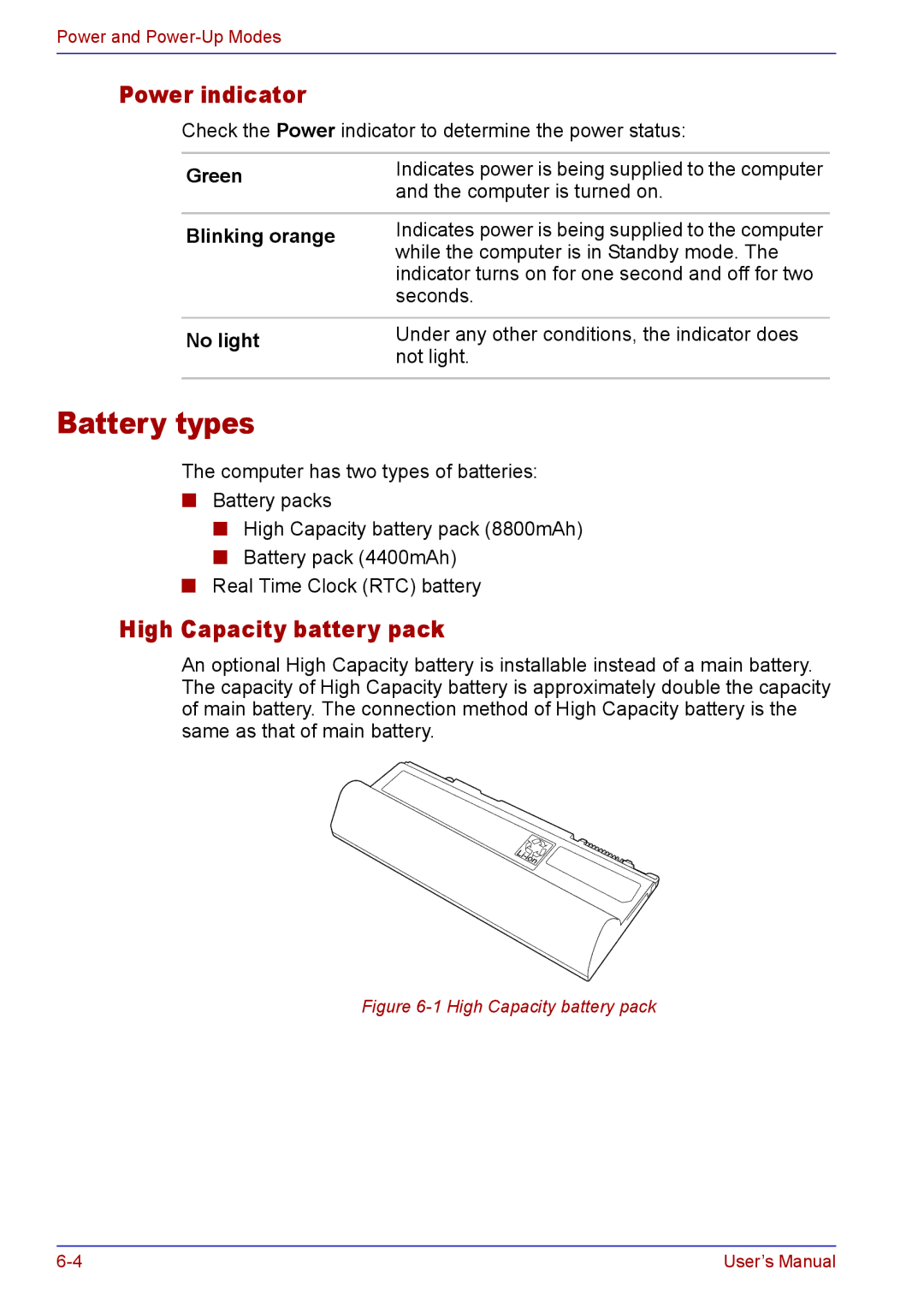 Toshiba TECRA A2 manual Battery types, Power indicator, High Capacity battery pack, Blinking orange 