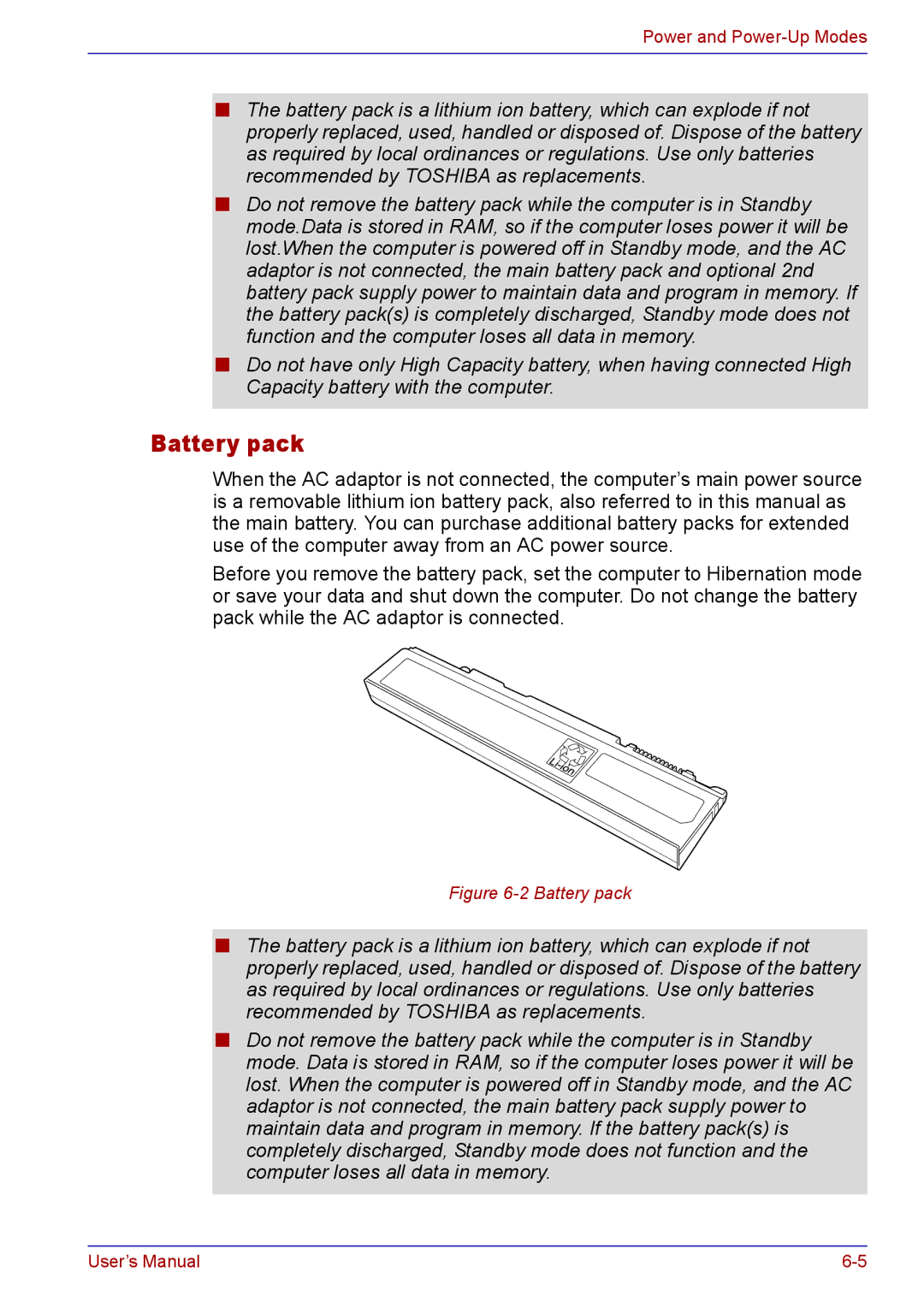 Toshiba TECRA A2 manual Battery pack 