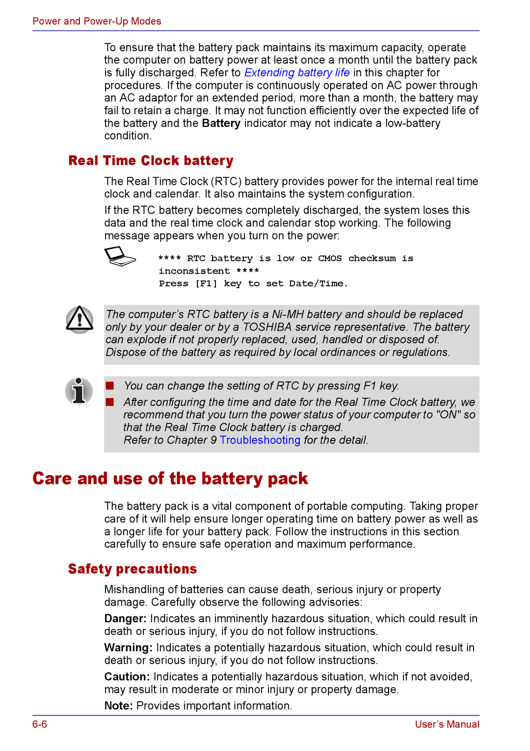 Toshiba TECRA A2 manual Care and use of the battery pack, Real Time Clock battery, Safety precautions 