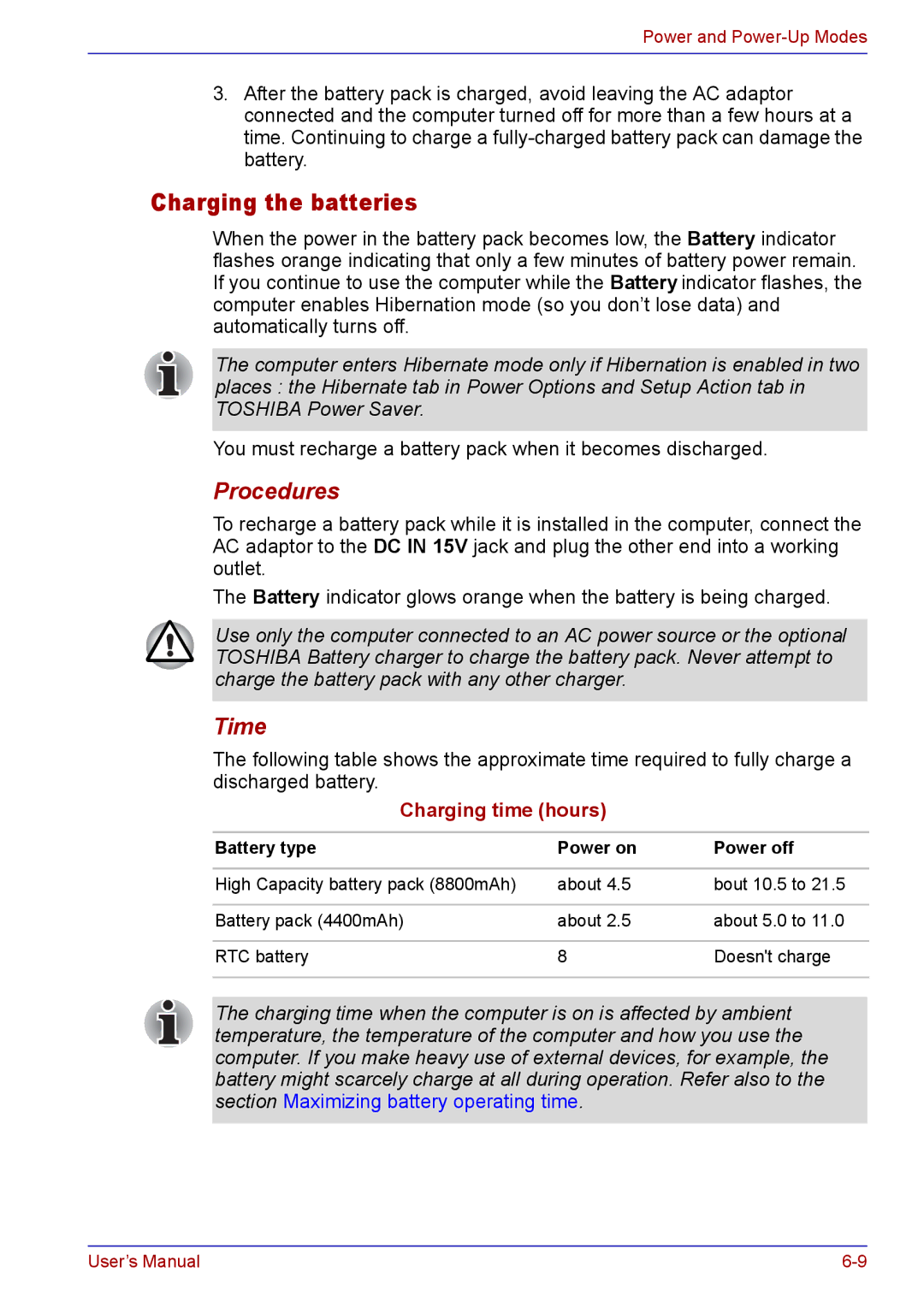 Toshiba TECRA A2 manual Charging the batteries, Procedures, Time 