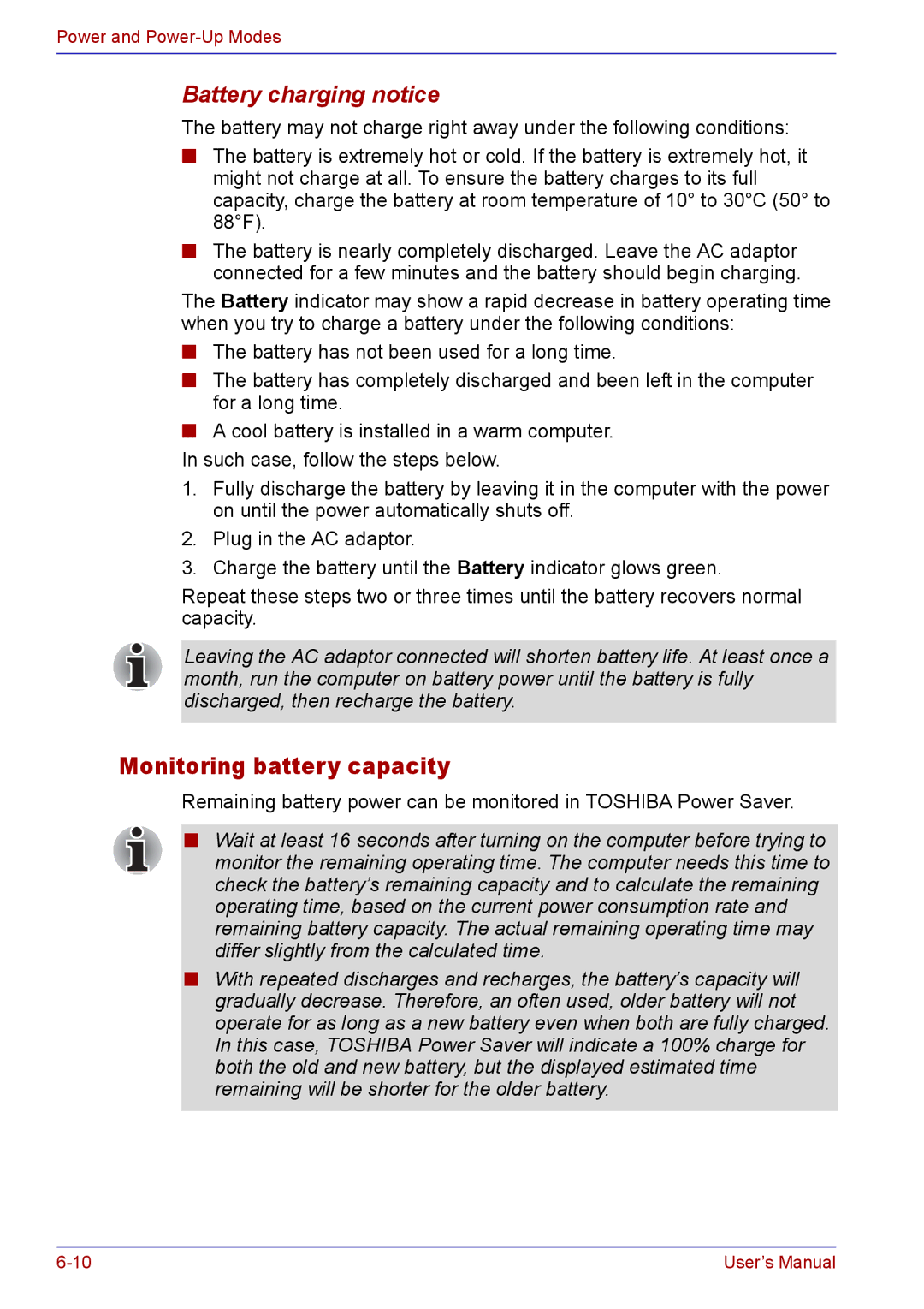 Toshiba TECRA A2 manual Monitoring battery capacity, Battery charging notice 