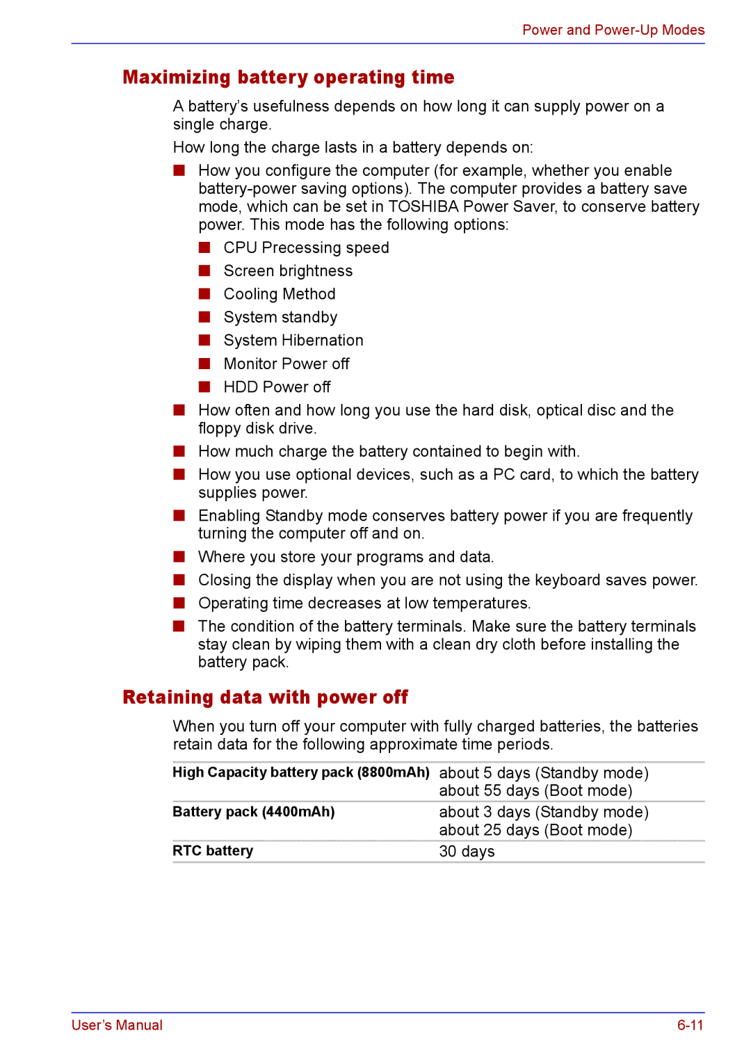 Toshiba TECRA A2 manual Maximizing battery operating time, Retaining data with power off 