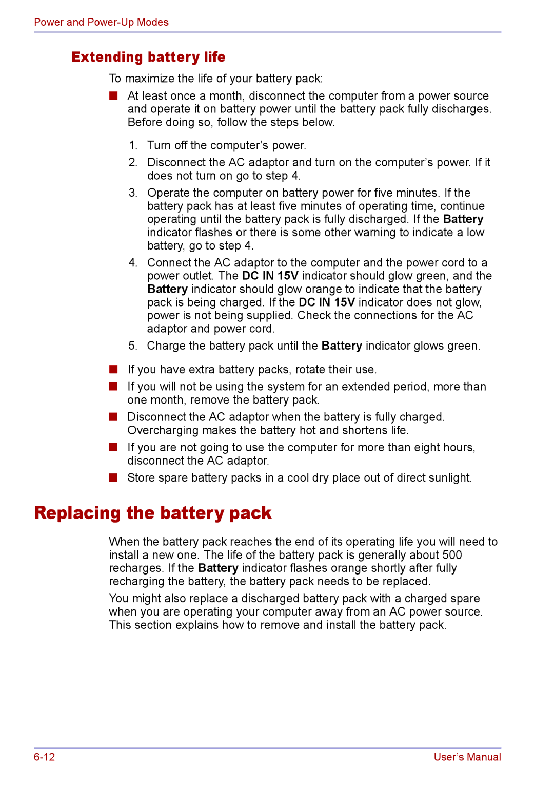 Toshiba TECRA A2 manual Replacing the battery pack, Extending battery life 