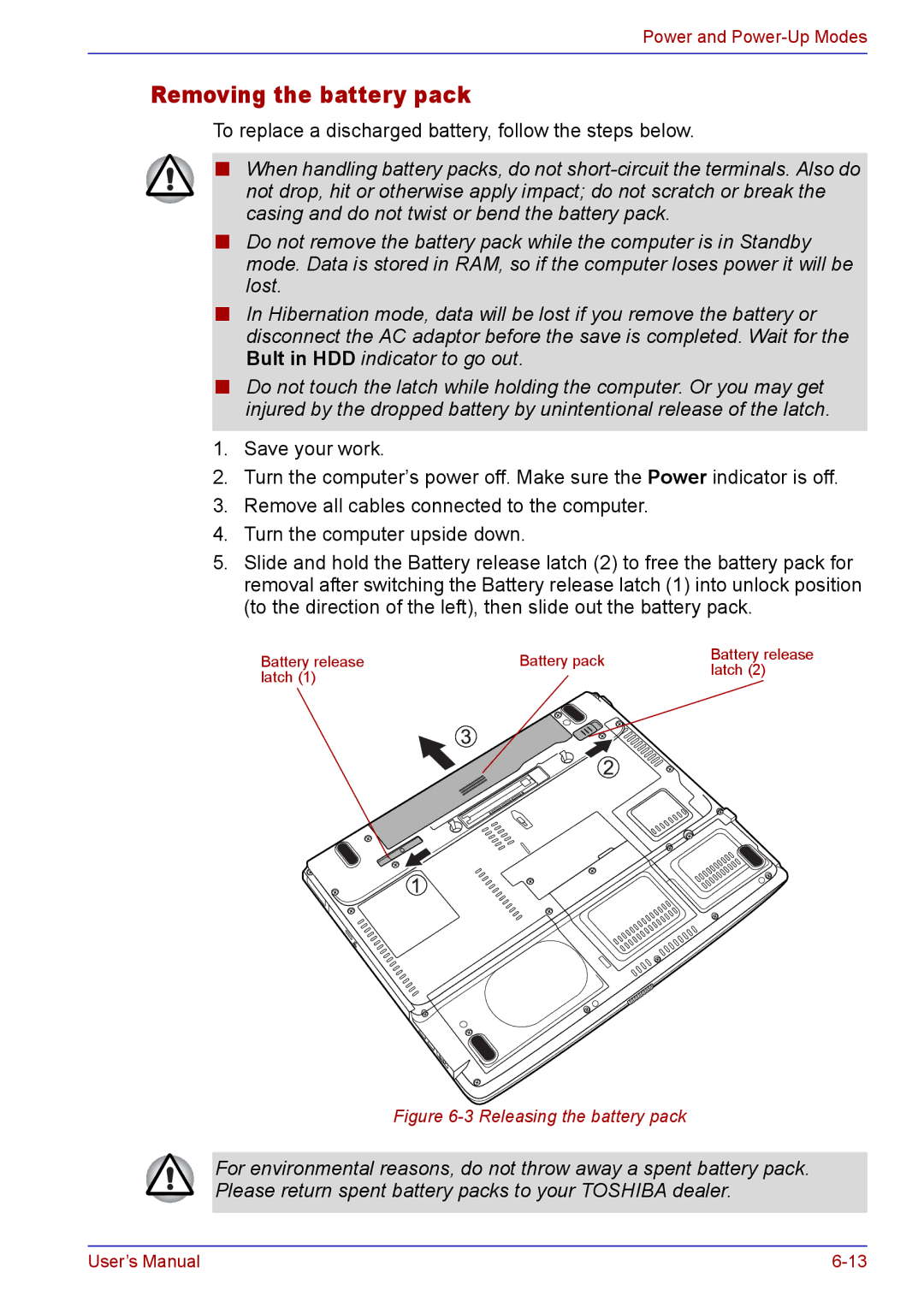 Toshiba TECRA A2 manual Removing the battery pack, Releasing the battery pack 