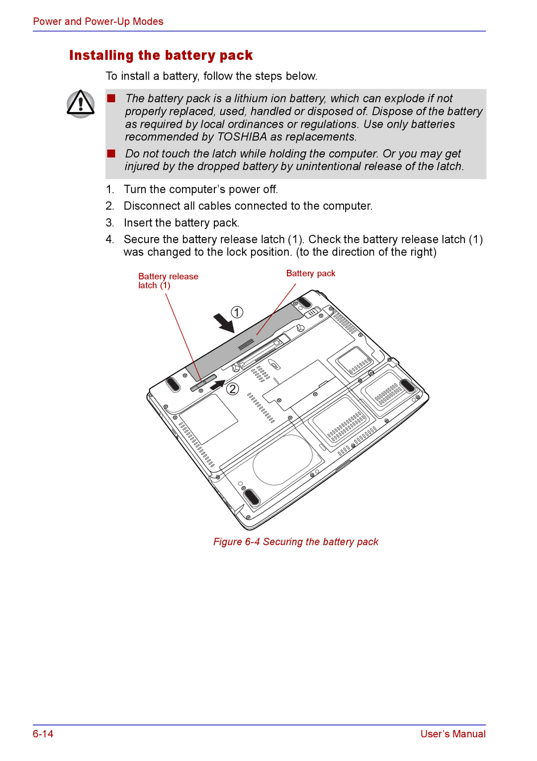 Toshiba TECRA A2 manual Installing the battery pack, Securing the battery pack 