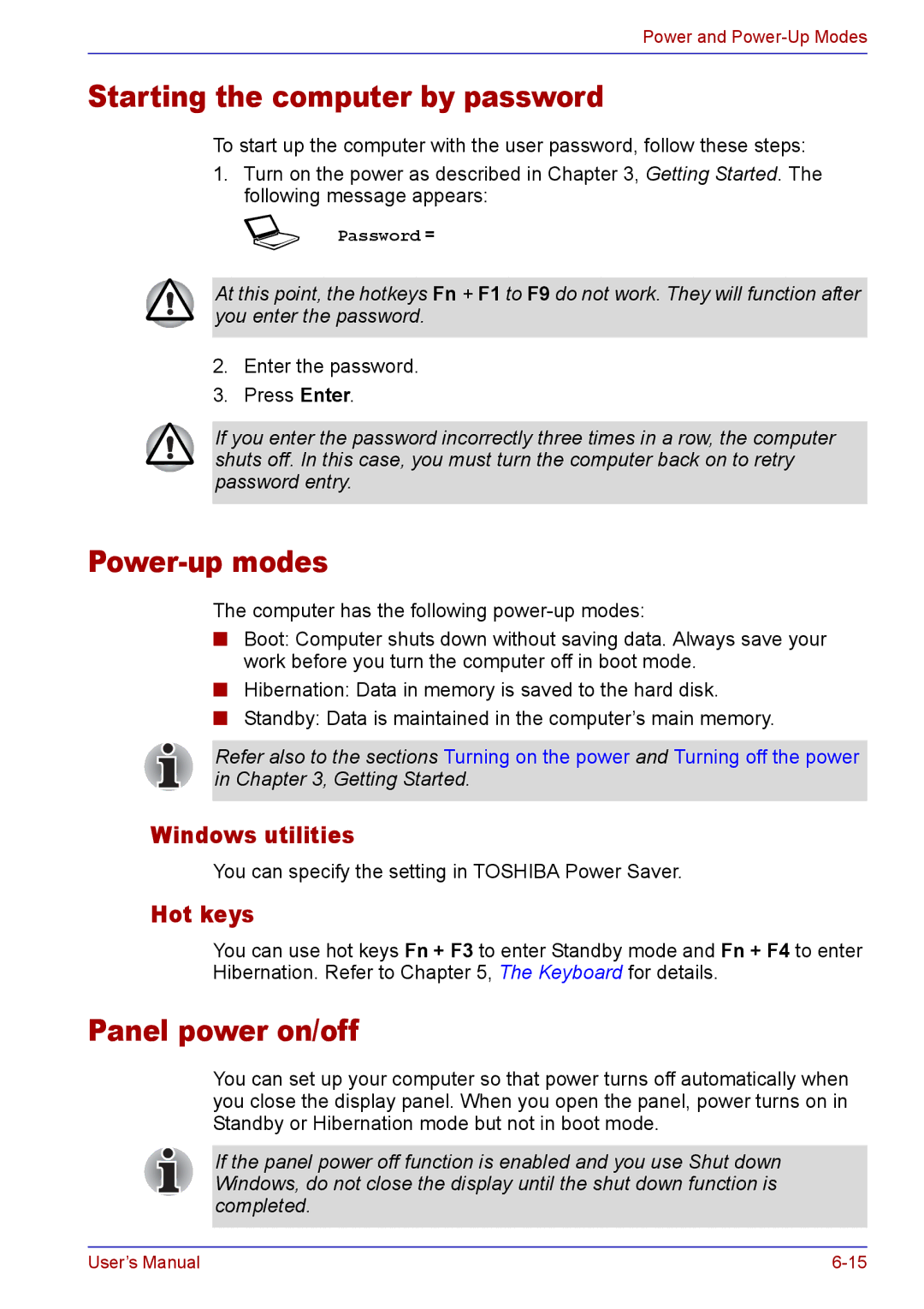 Toshiba TECRA A2 manual Starting the computer by password, Power-up modes, Panel power on/off, Windows utilities, Hot keys 