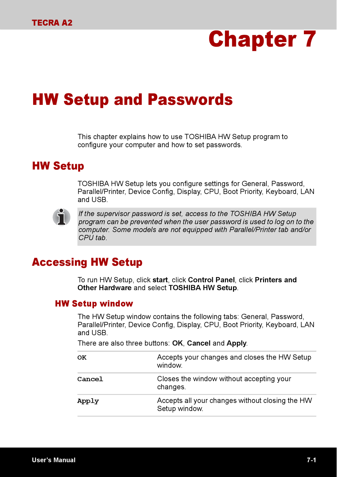 Toshiba TECRA A2 manual HW Setup and Passwords, Accessing HW Setup, HW Setup window 