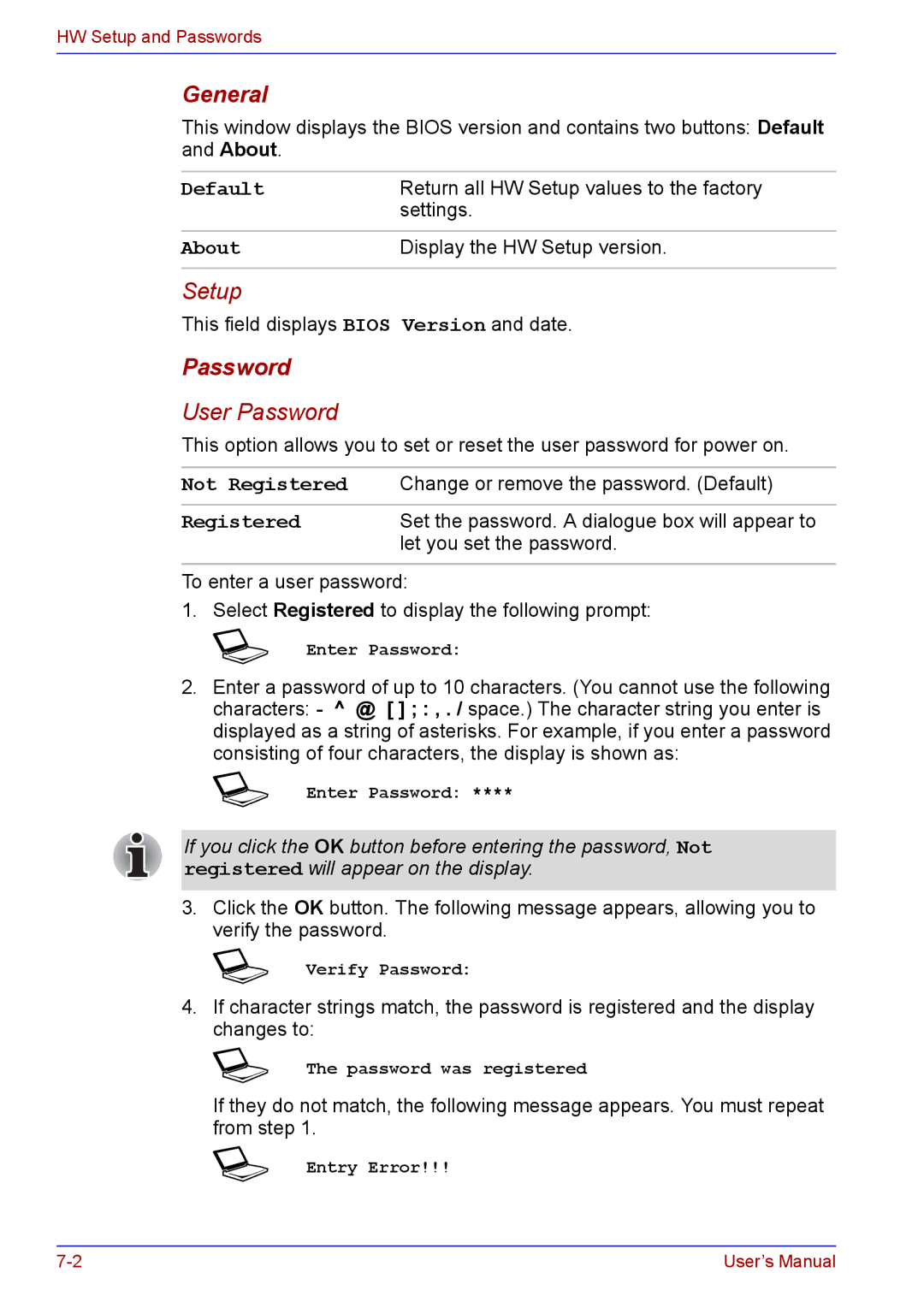 Toshiba TECRA A2 manual General, Password 