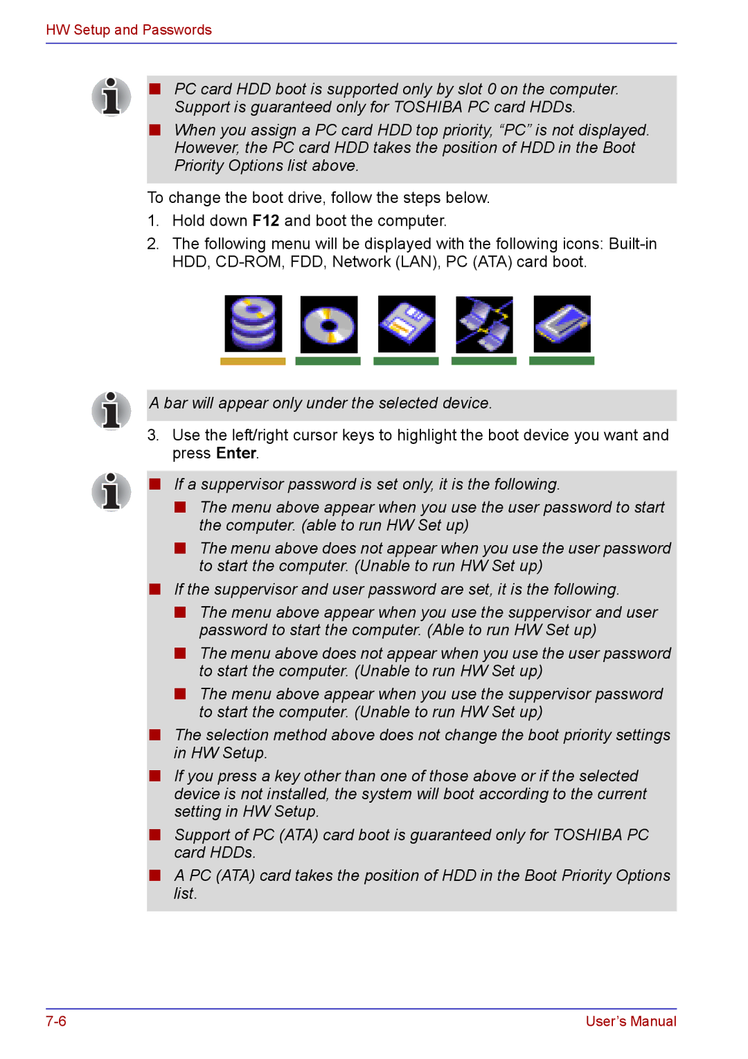 Toshiba TECRA A2 manual Bar will appear only under the selected device 