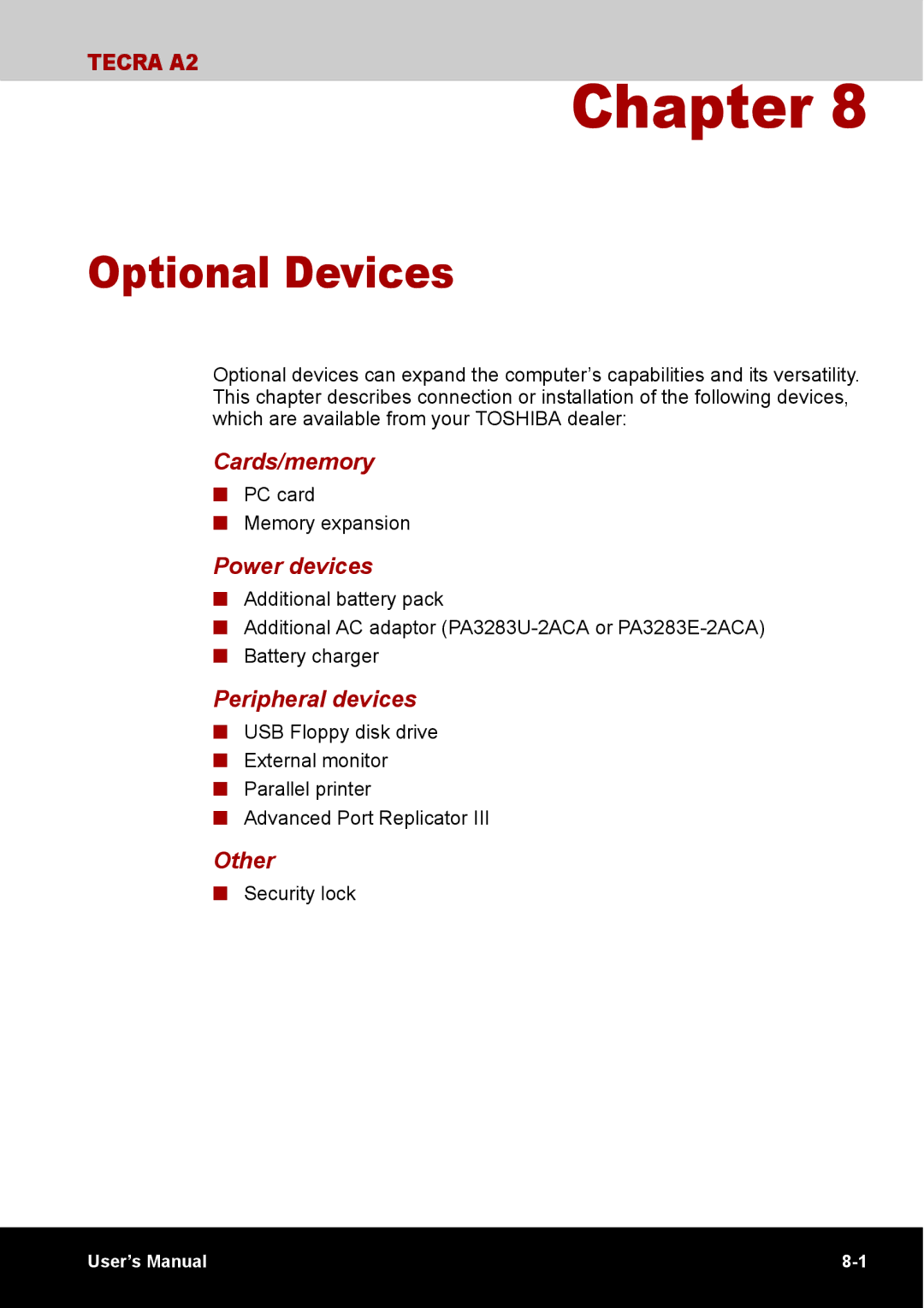 Toshiba TECRA A2 manual Optional Devices, Cards/memory, Power devices, Peripheral devices, Other 