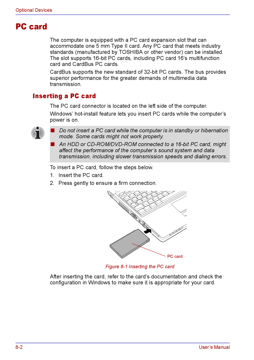 Toshiba TECRA A2 manual Inserting a PC card 