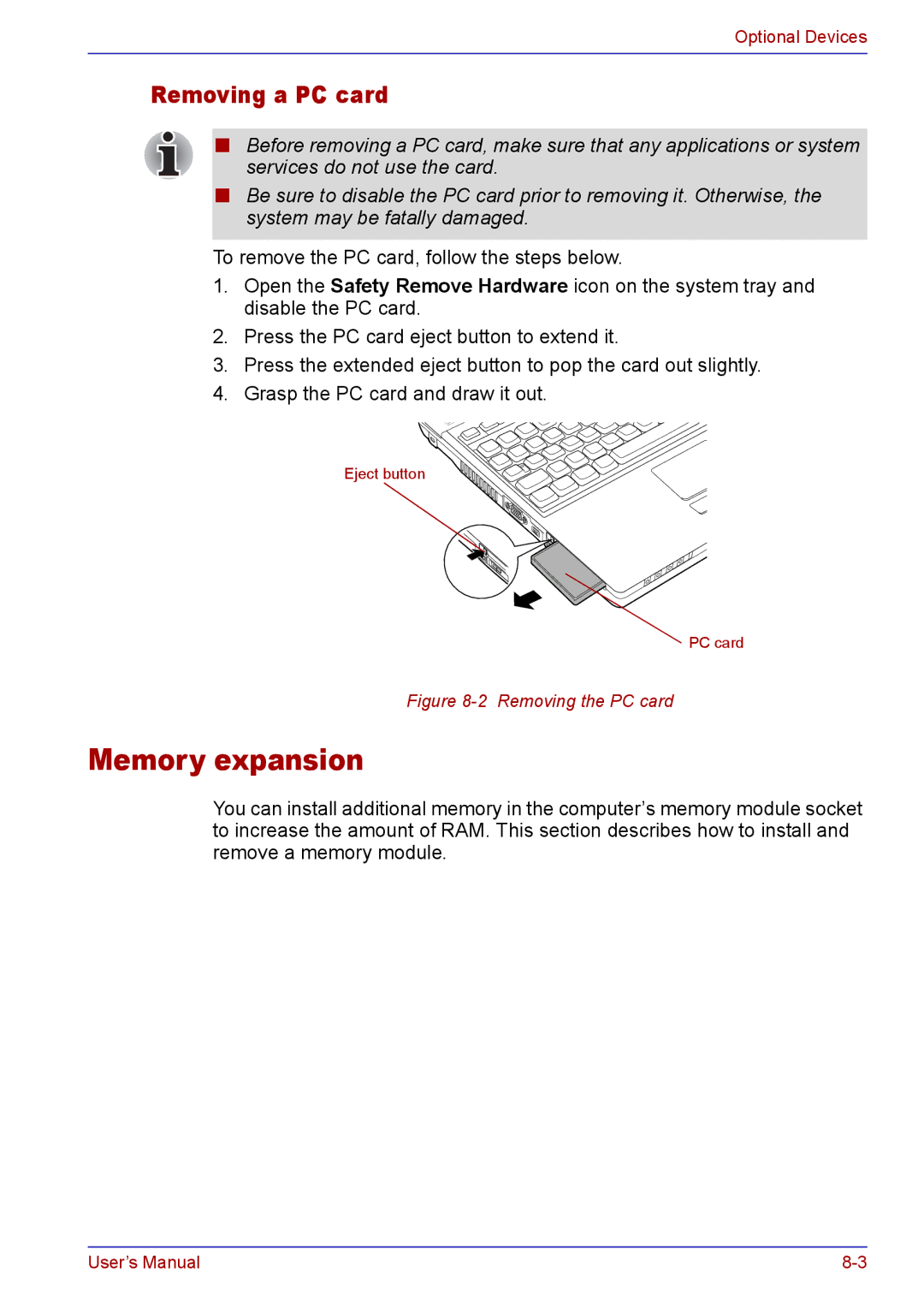 Toshiba TECRA A2 manual Memory expansion, Removing a PC card 