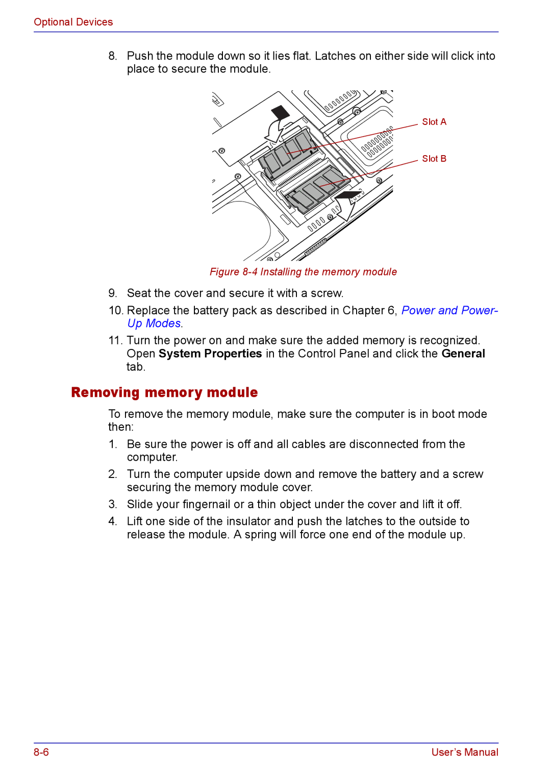 Toshiba TECRA A2 manual Removing memory module, Installing the memory module 