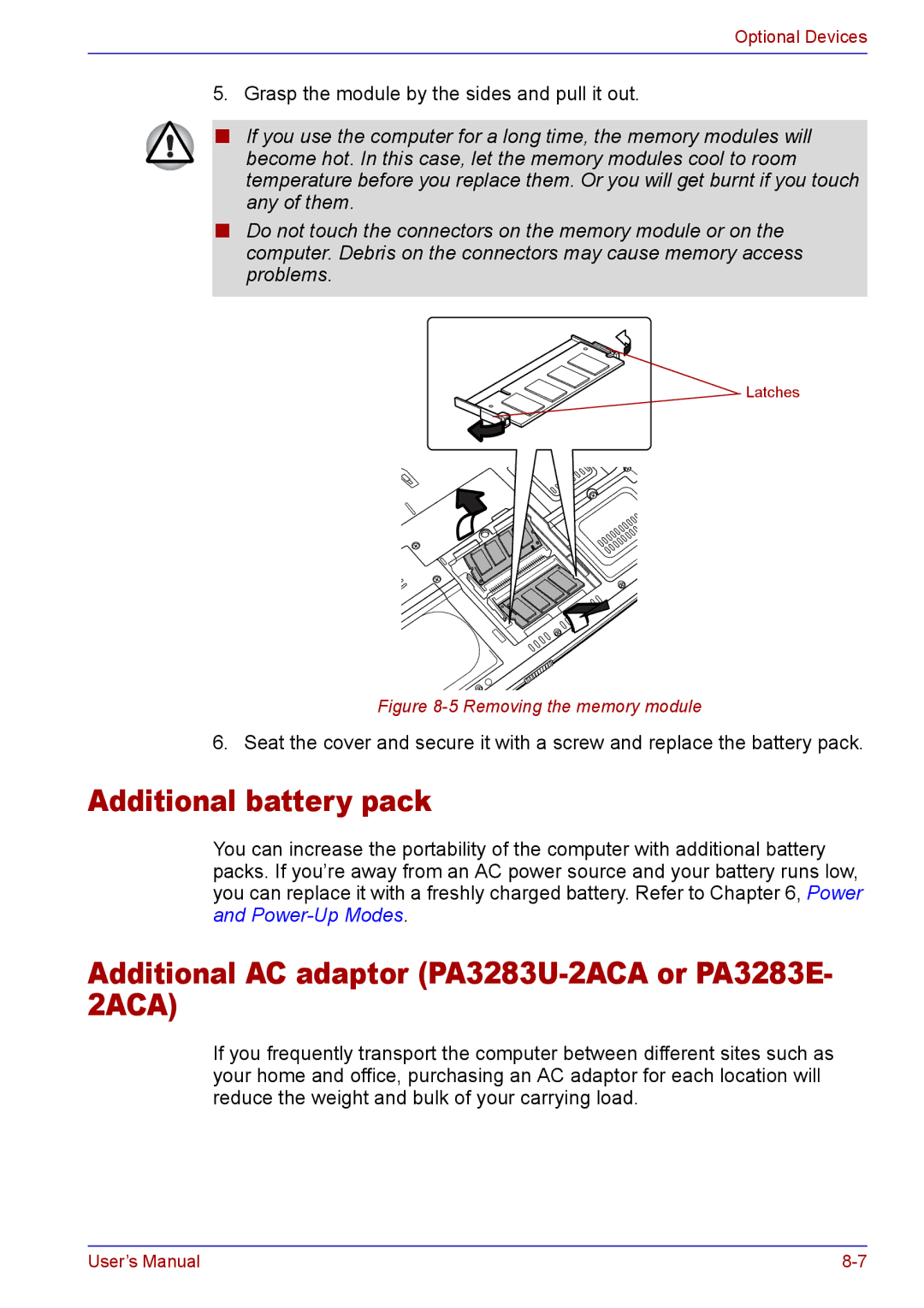 Toshiba TECRA A2 manual Additional battery pack, Additional AC adaptor PA3283U-2ACA or PA3283E- 2ACA 