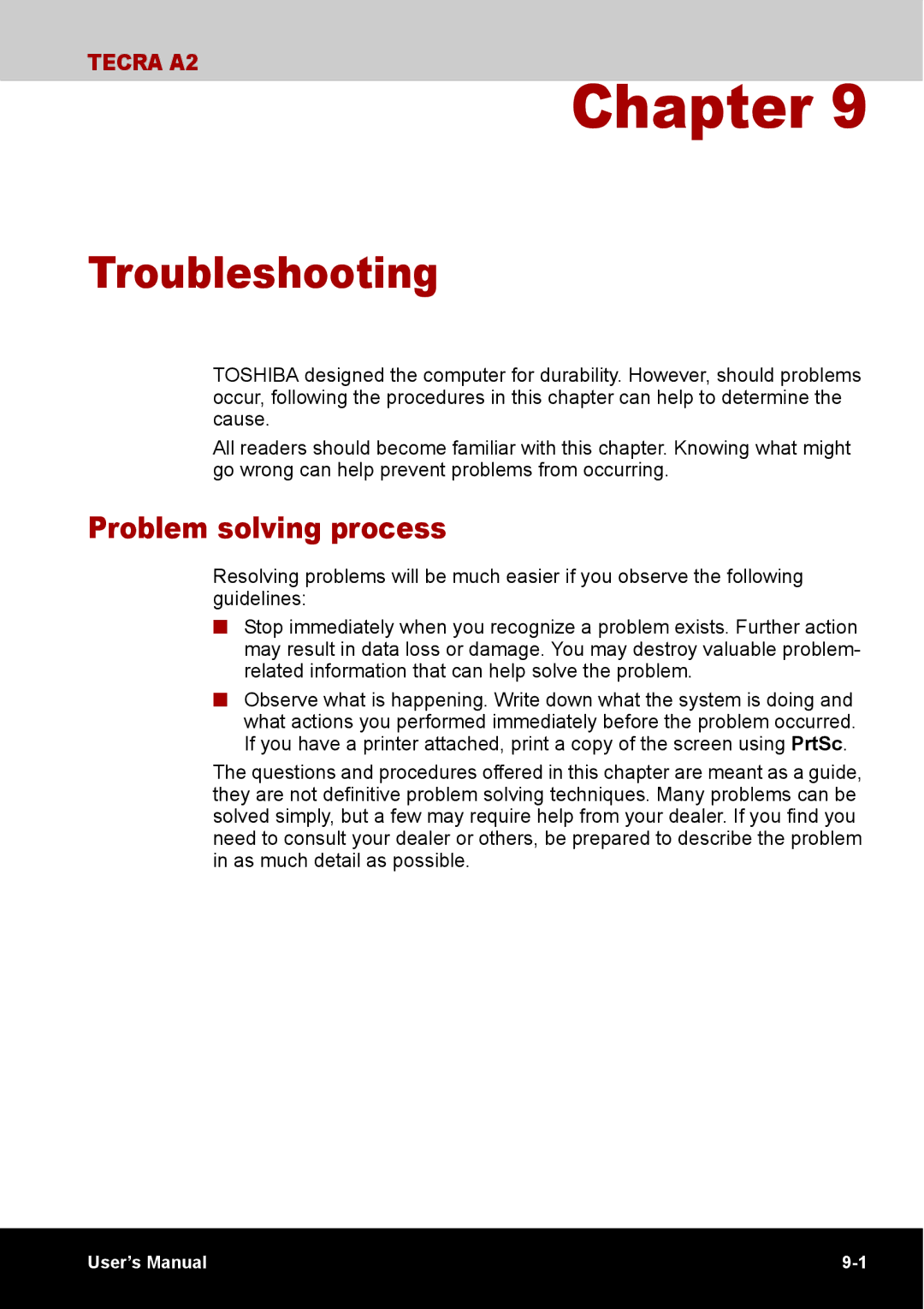 Toshiba TECRA A2 manual Troubleshooting, Problem solving process 