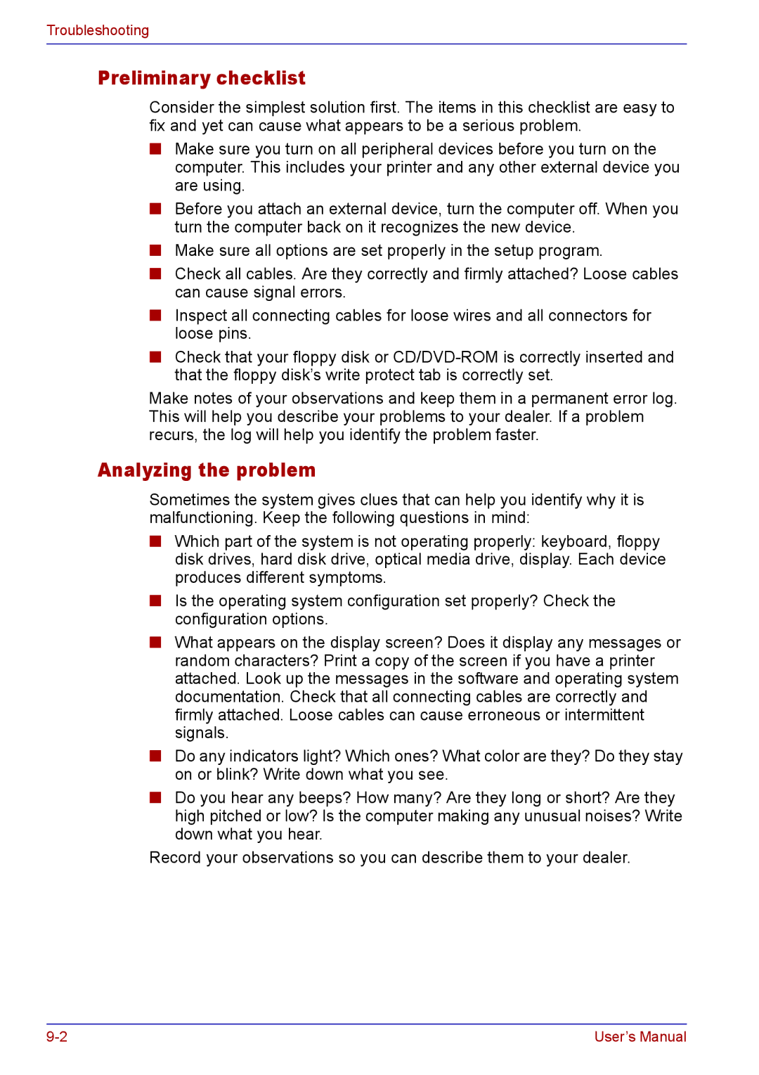 Toshiba TECRA A2 manual Preliminary checklist, Analyzing the problem 