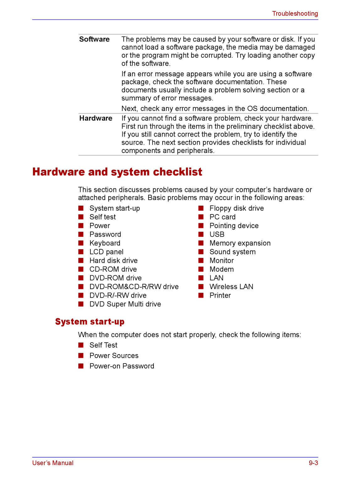 Toshiba TECRA A2 manual Hardware and system checklist, System start-up 