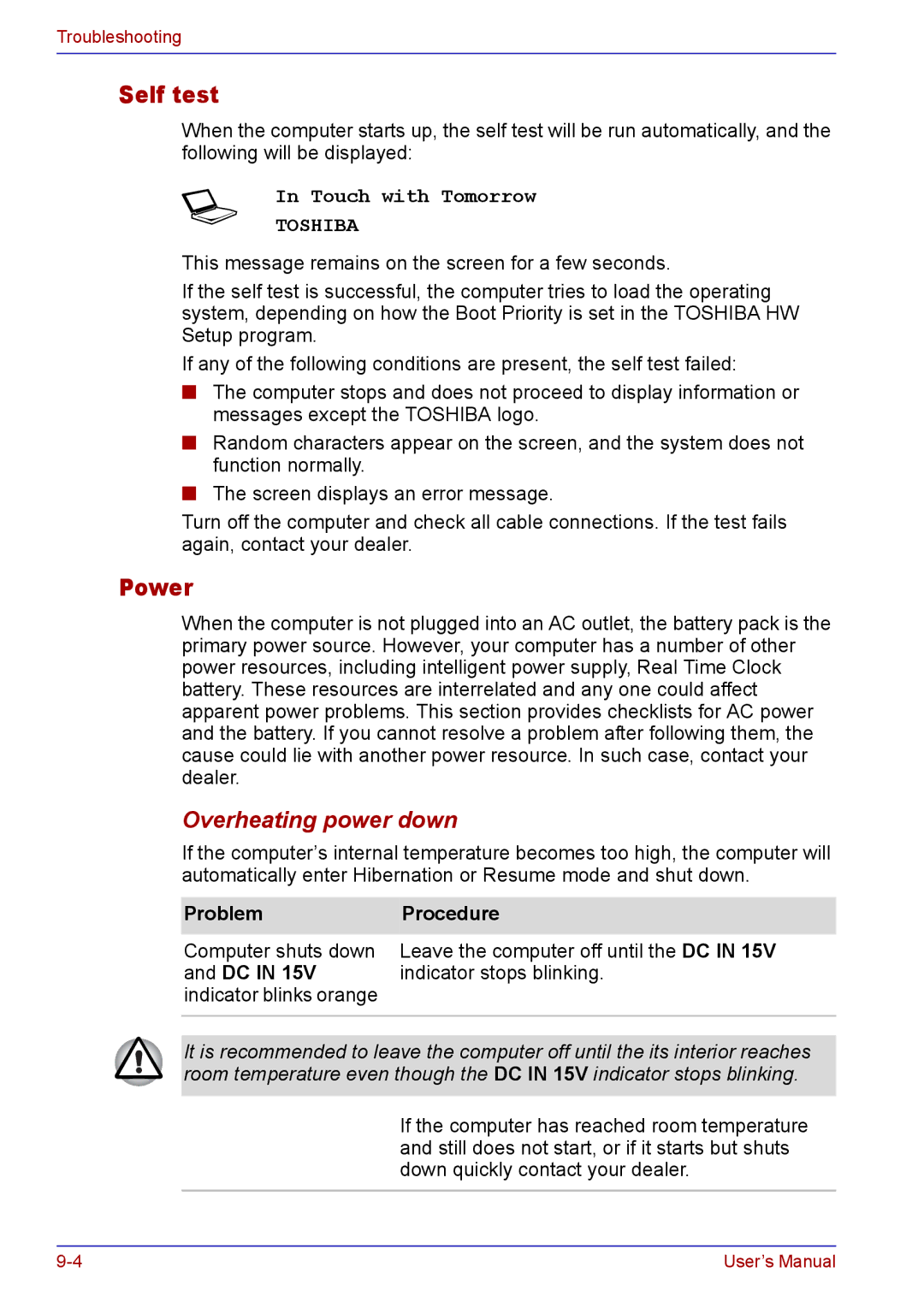 Toshiba TECRA A2 manual Self test, Power, Overheating power down, ProblemProcedure 