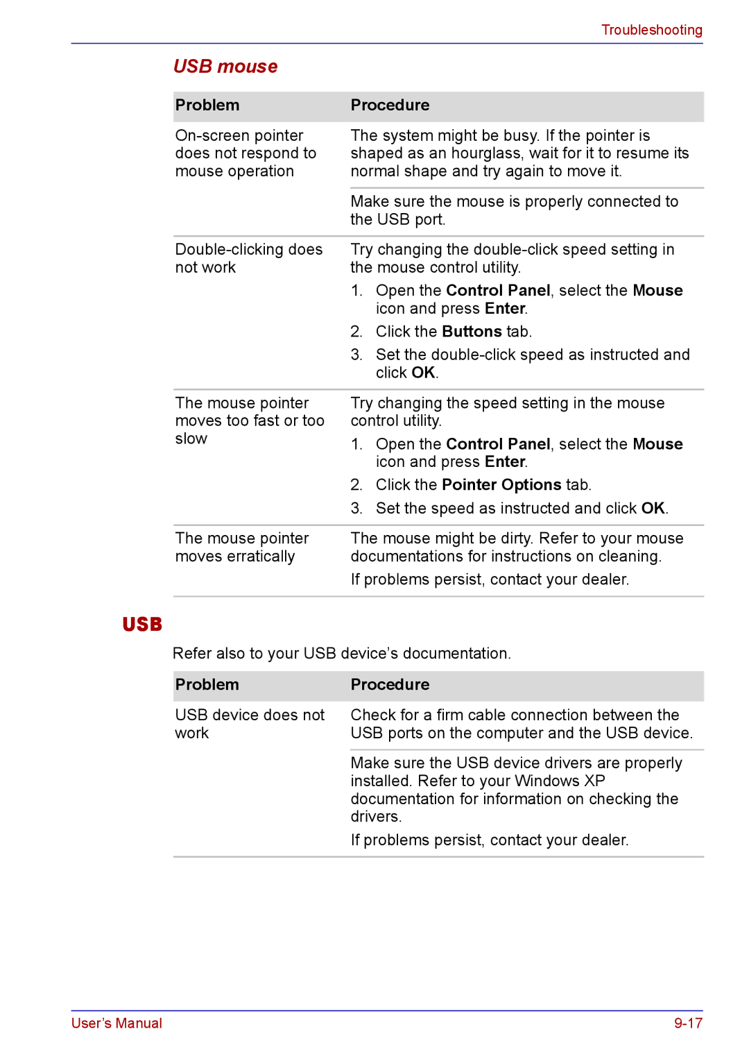 Toshiba TECRA A2 manual Usb, USB mouse 