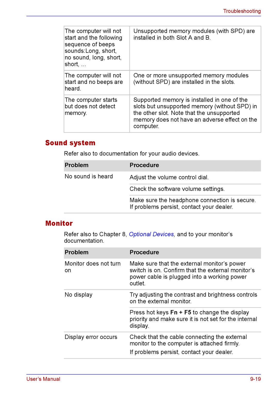 Toshiba TECRA A2 manual Sound system, Monitor 