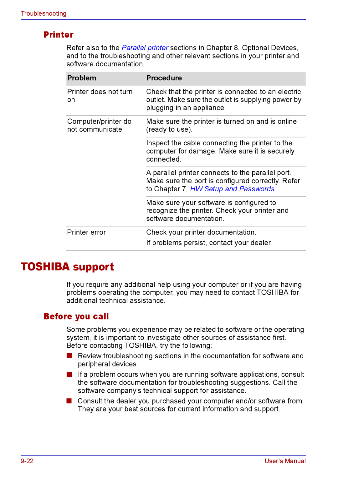 Toshiba TECRA A2 manual Toshiba support, Printer, Before you call 