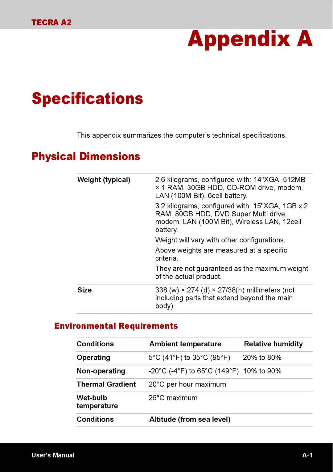 Toshiba TECRA A2 manual Specifications, Physical Dimensions, Environmental Requirements, Size 